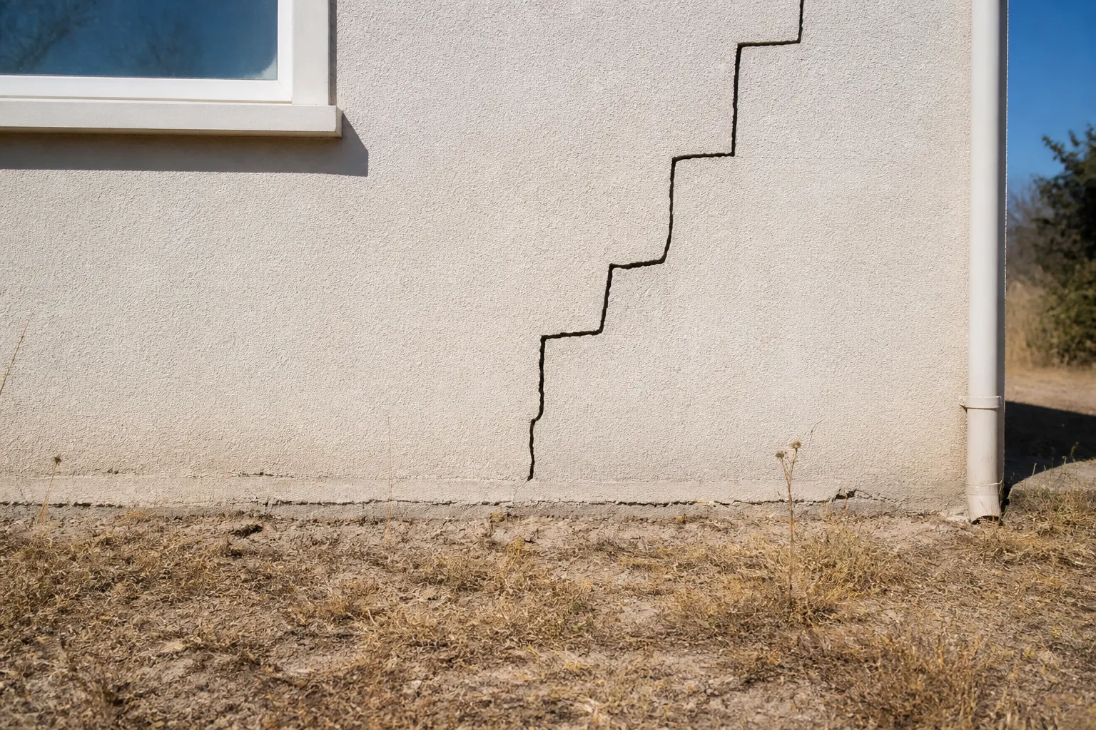 Fissure en escalier sur la façade d'une maison individuelle sur sol argileux desséché par la sécheresse
