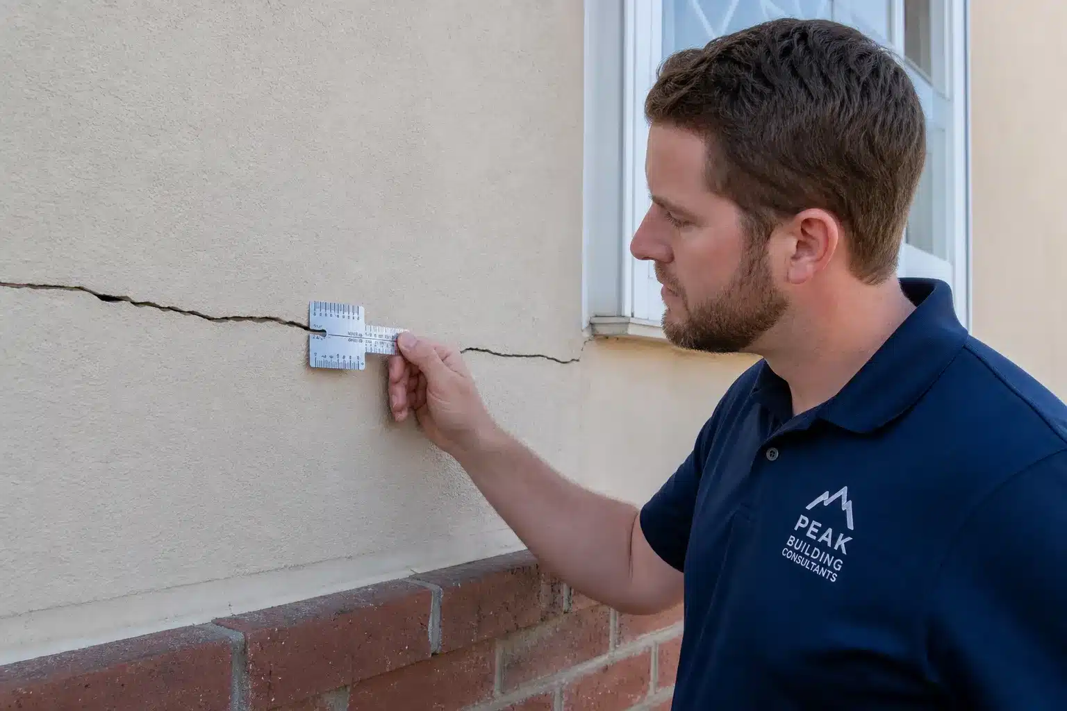 Expert bâtiment examinant une fissure horizontale sur un mur de maison