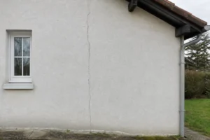 Fissure verticale sur le mur extérieur d'une maison individuelle illustrant une fissure récurrente après réparation
