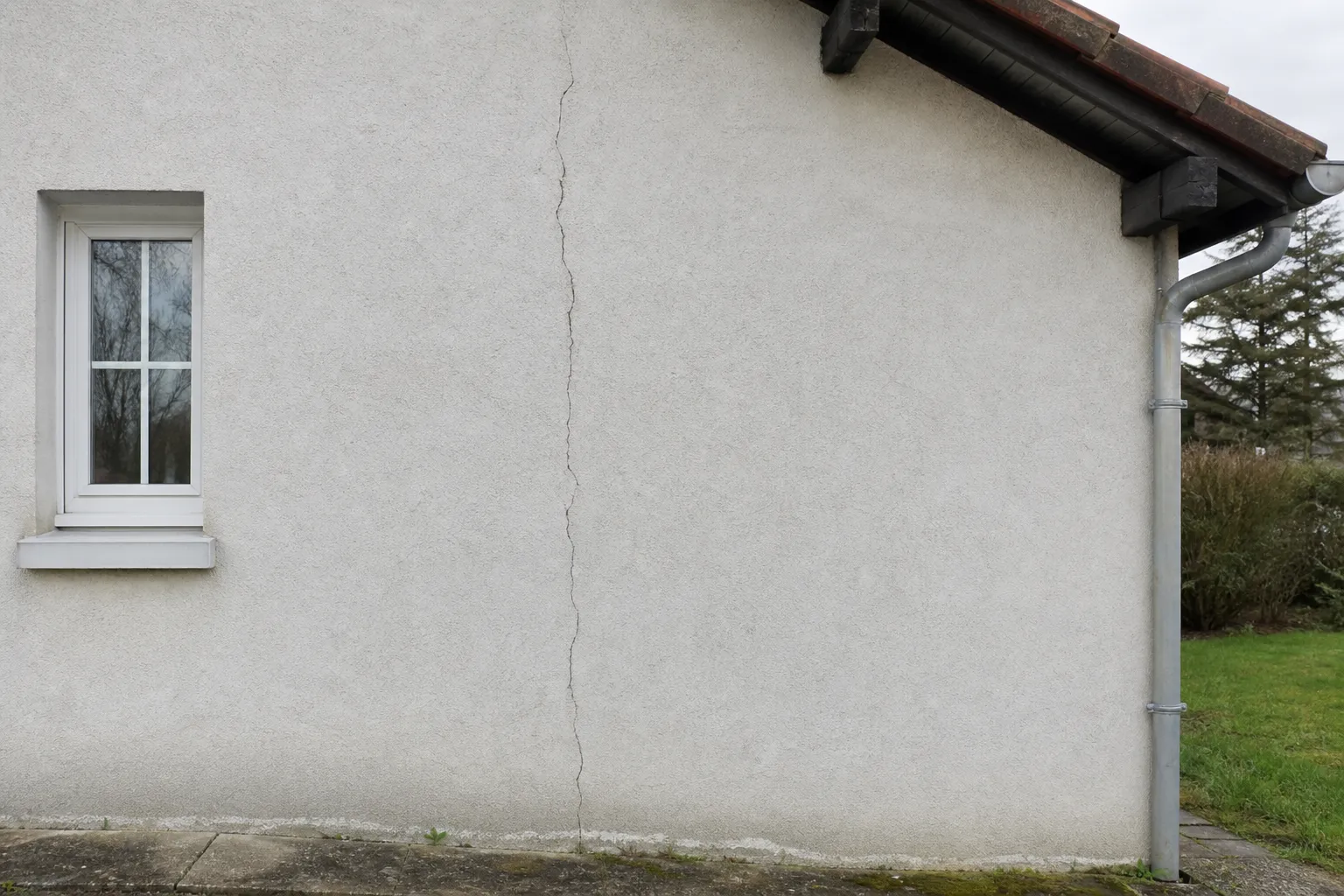 Fissure verticale sur le mur extérieur d'une maison individuelle illustrant une fissure récurrente après réparation