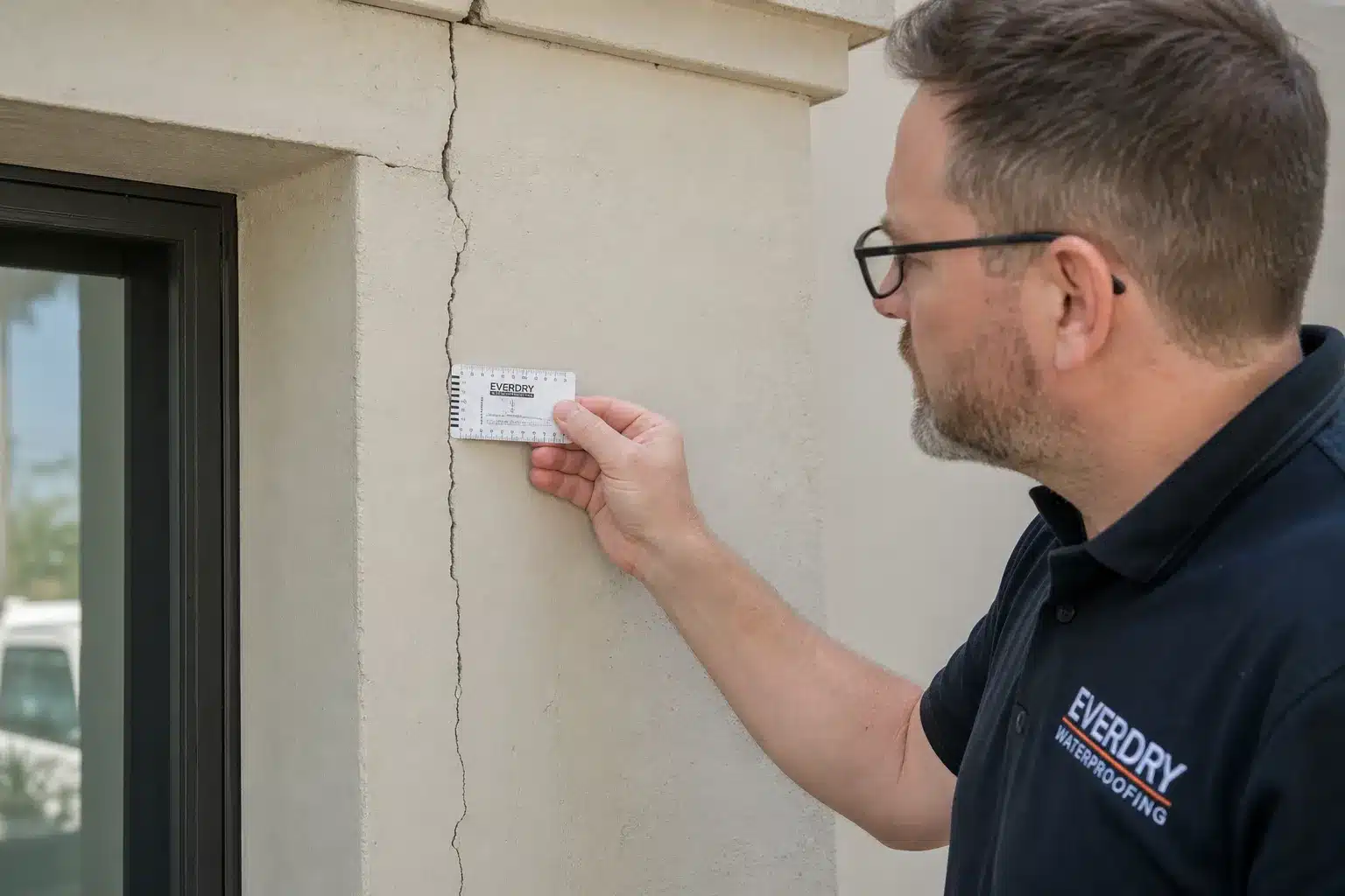 Expert bâtiment inspectant une fissure verticale sur un mur de maison