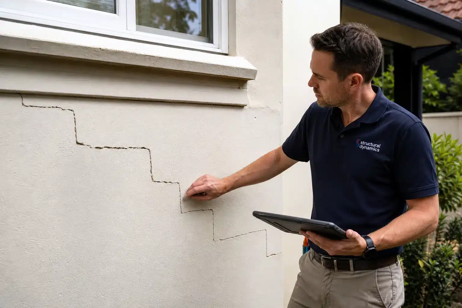 Expert bâtiment examinant des fissures sur une façade de maison