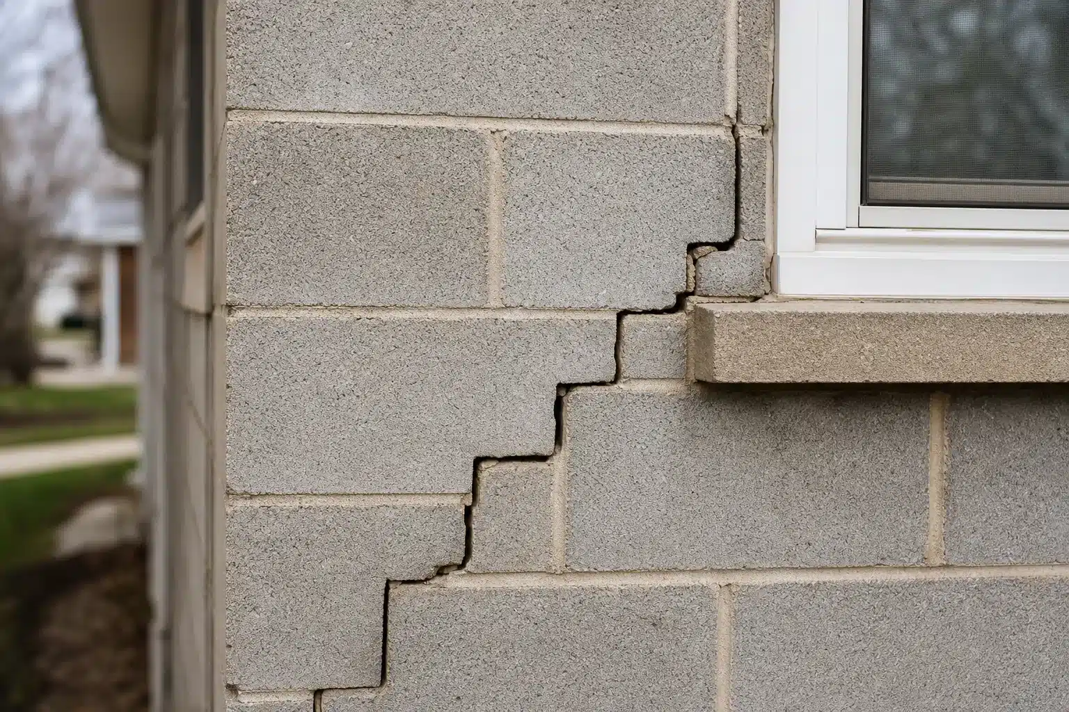 Fissure en escalier suivant les joints de mortier sur un mur de maison en parpaings, pres d'un angle de fenetre