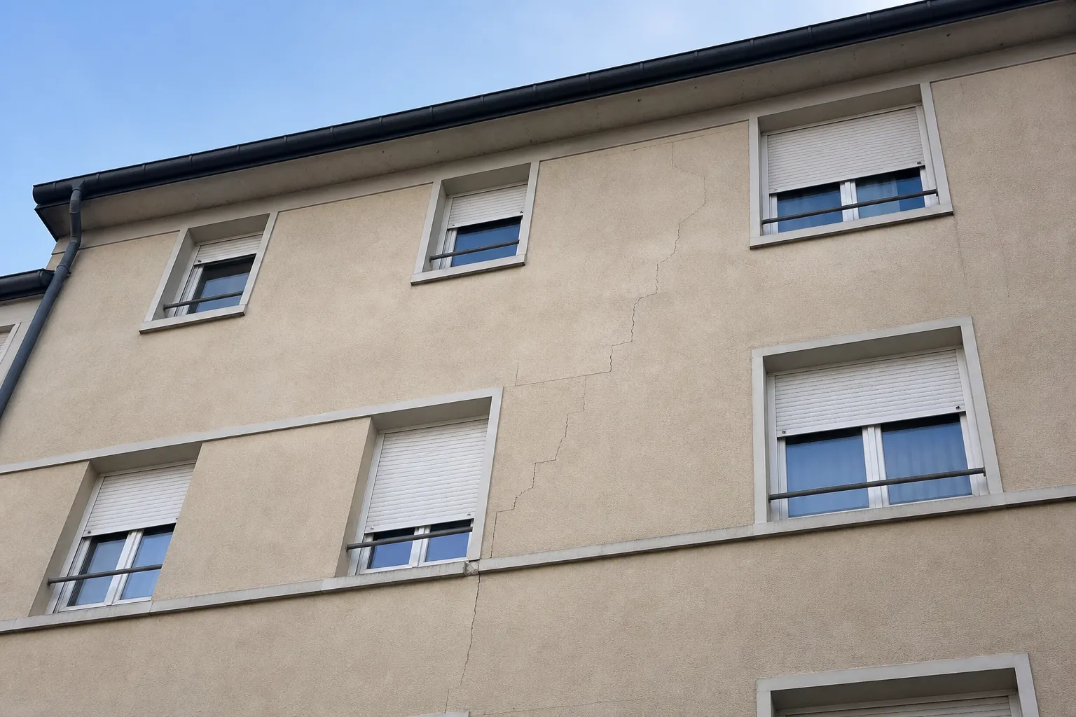 Fissures facade immeuble — Fissures verticales et en escalier sur la façade d'un immeuble en copropriété