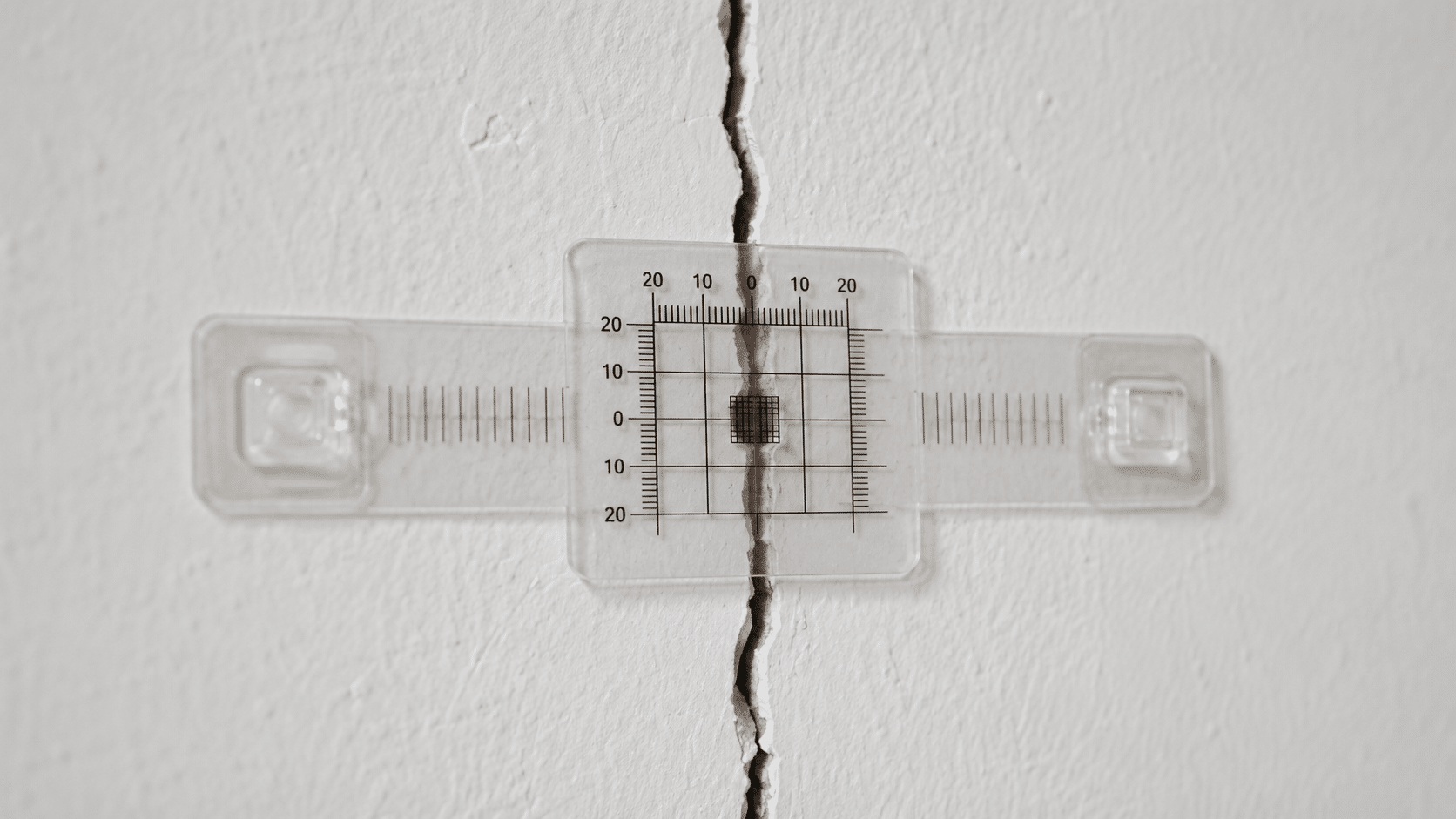 Fissuromètre gradué posé sur une fissure de mur pour en mesurer l'évolution.