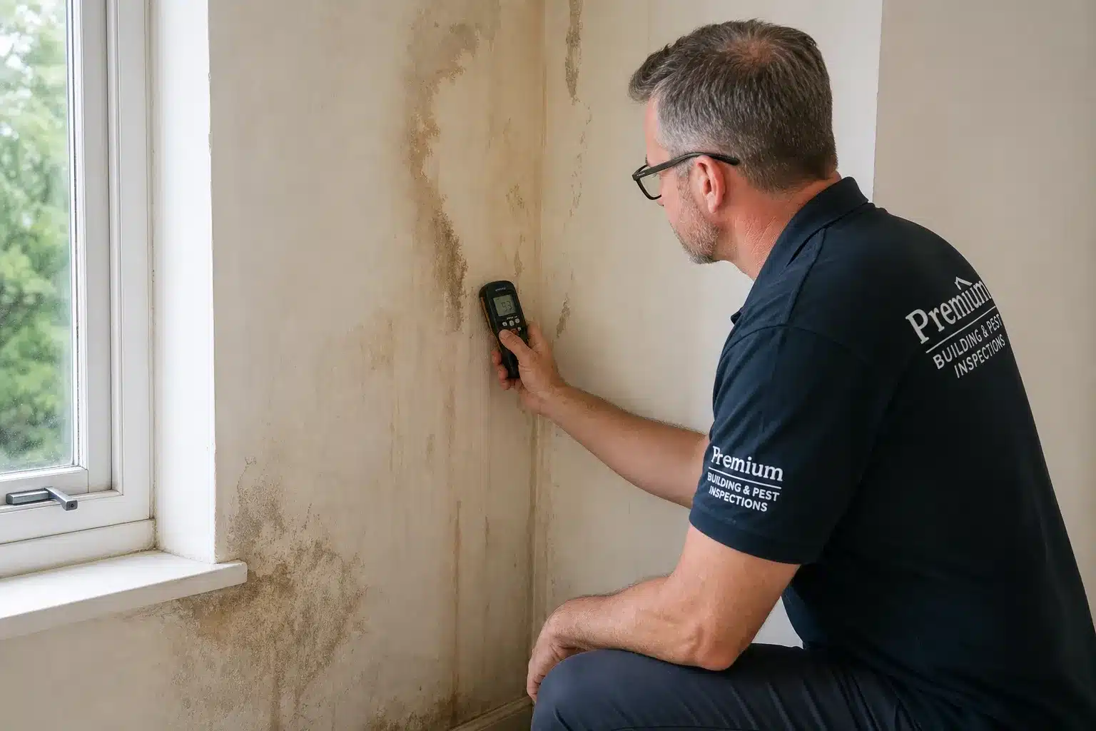 Expert bâtiment inspectant une infiltration d'eau sur un mur avec un humidimètre