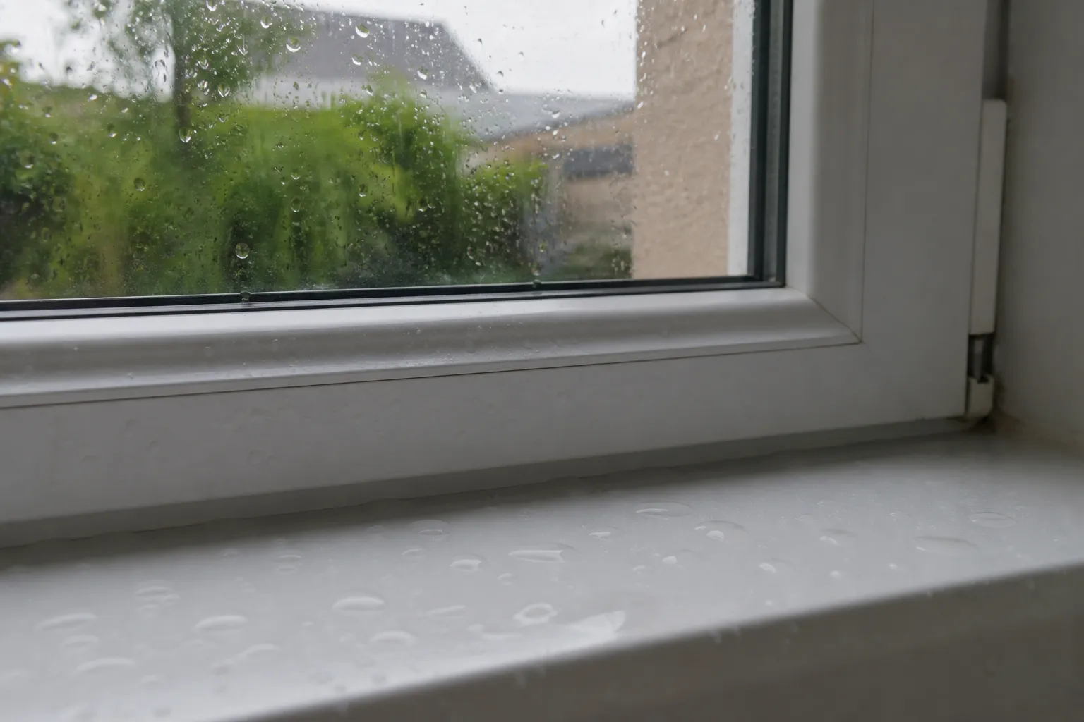 Traces d'eau et gouttes sur l'appui intérieur d'une fenêtre neuve après la pluie