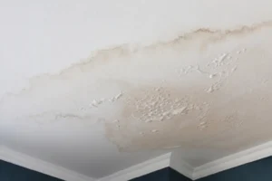 Infiltration eau entre — Tache d'humidité au plafond révélant une infiltration d'eau entre deux appartements en copropriété