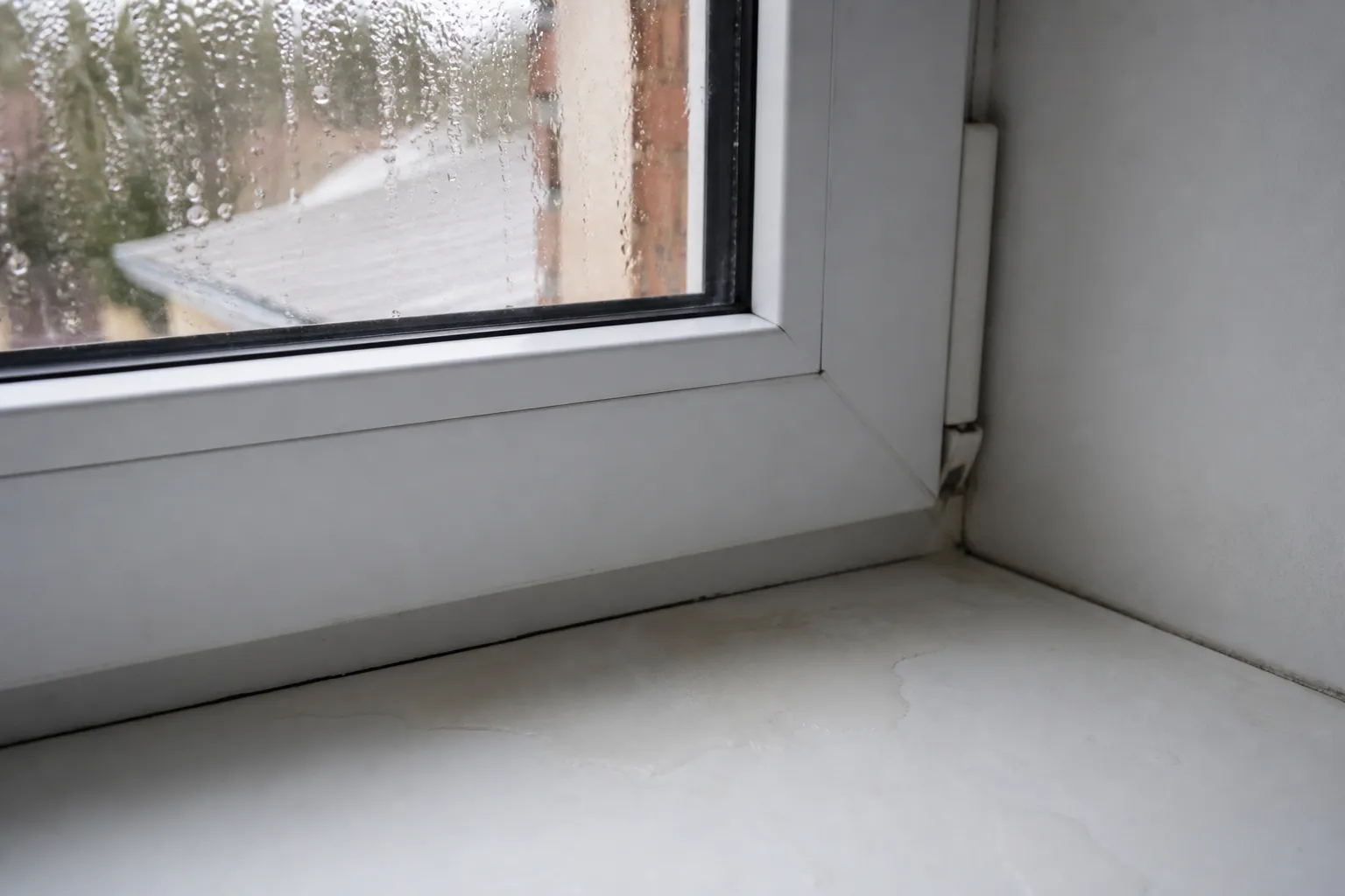 Fenetres infiltrations air — Fenêtre laissant passer l'eau avec trace d'infiltration sur l'appui