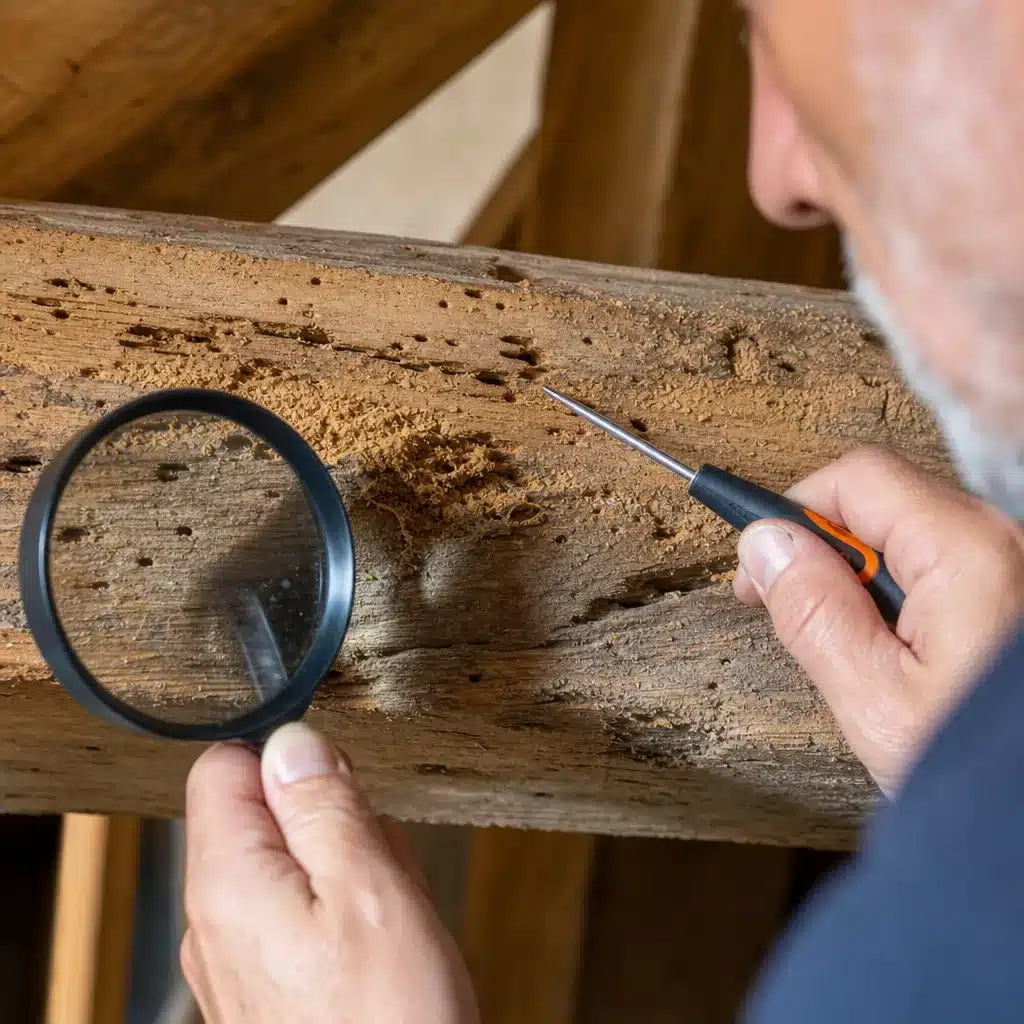 Expert inspectant une poutre de charpente endommagée par des termites ou insectes xylophages