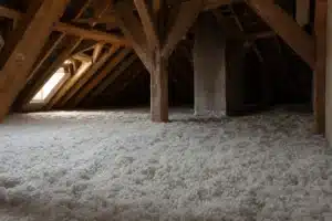 Combles perdus isoles avec de la laine minerale soufflee sur le plancher sous charpente en bois
