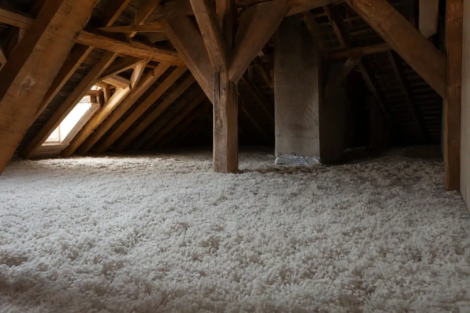 Combles perdus isoles avec de la laine minerale soufflee sur le plancher sous charpente en bois