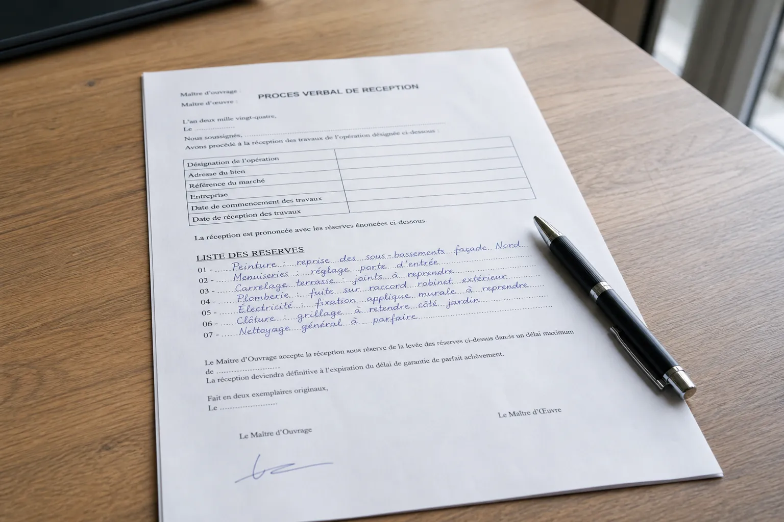 Proces verbal de reception avec liste de reserves a lever apres la livraison d'une maison