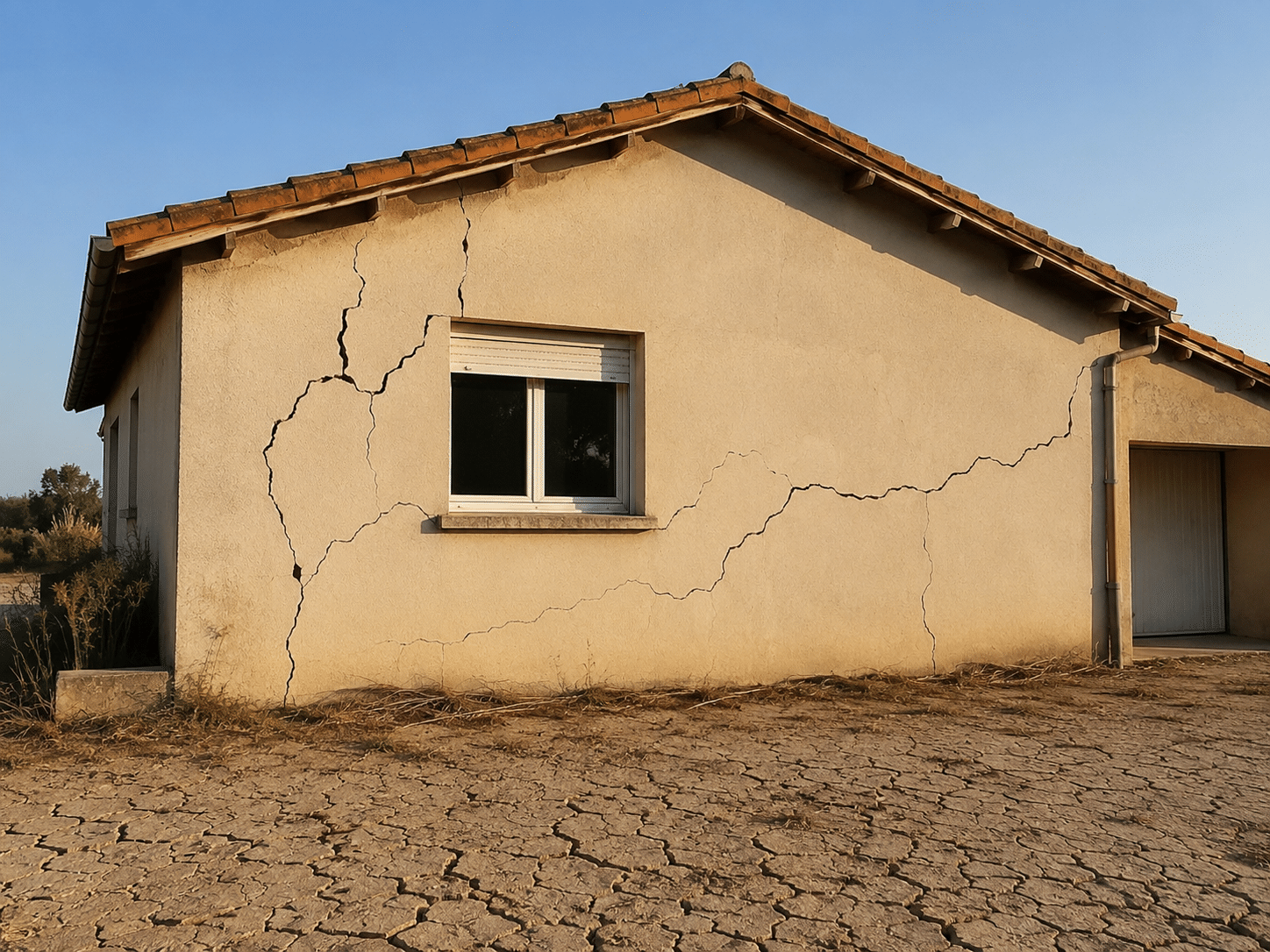 Façade de maison fissurée et sol craquelé après un épisode de sécheresse