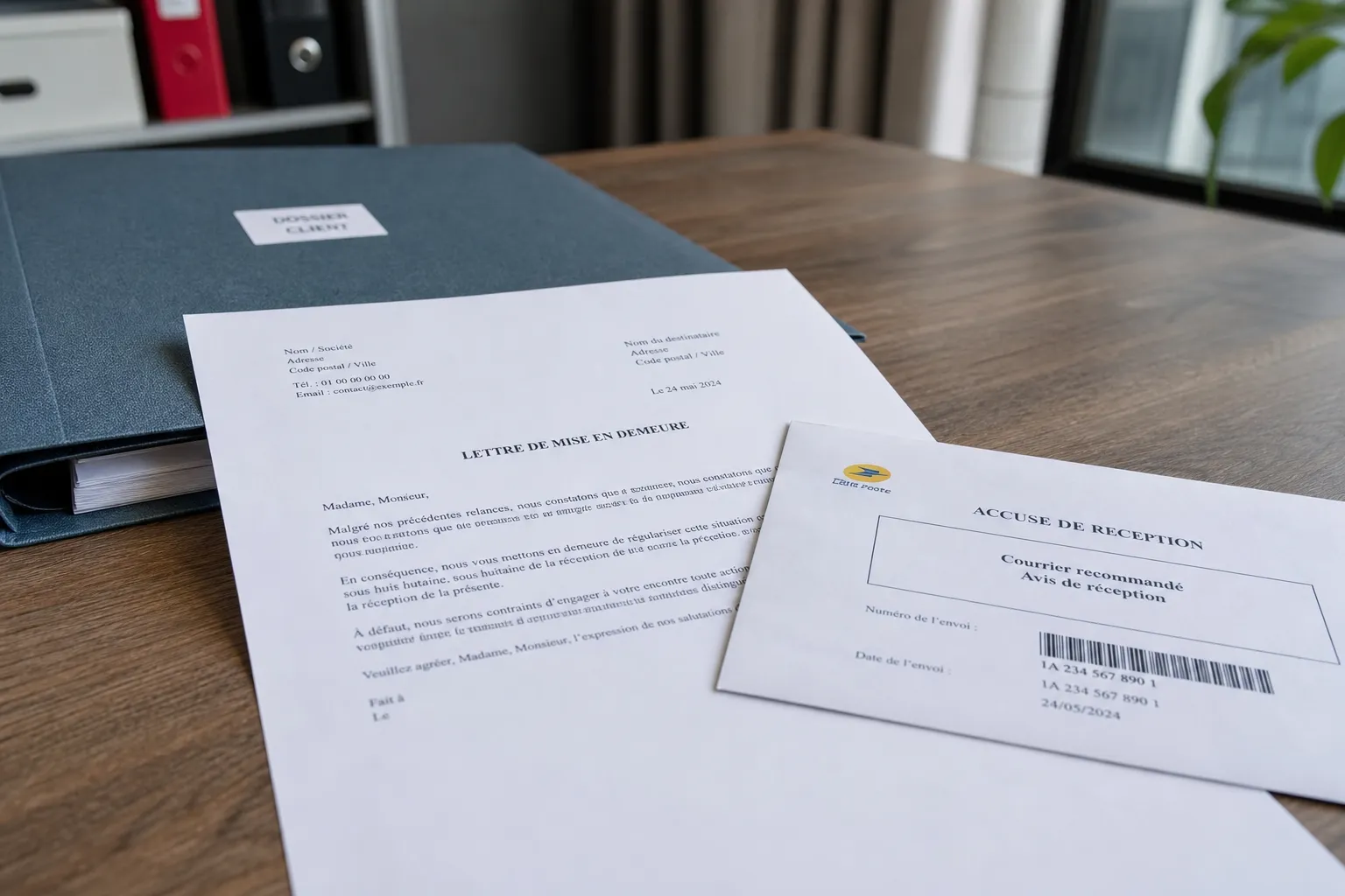 Lettre de mise en demeure et accuse de reception illustrant un litige reste sans reponse