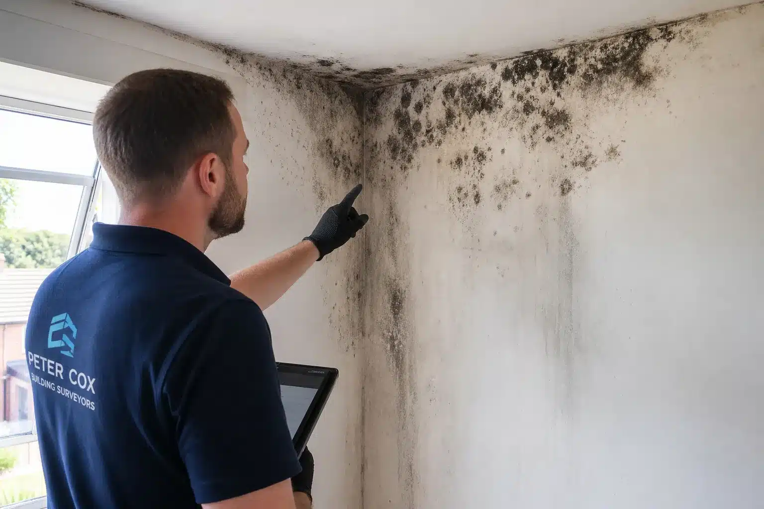 Moisissures noires dans un angle de mur examinées par un expert bâtiment