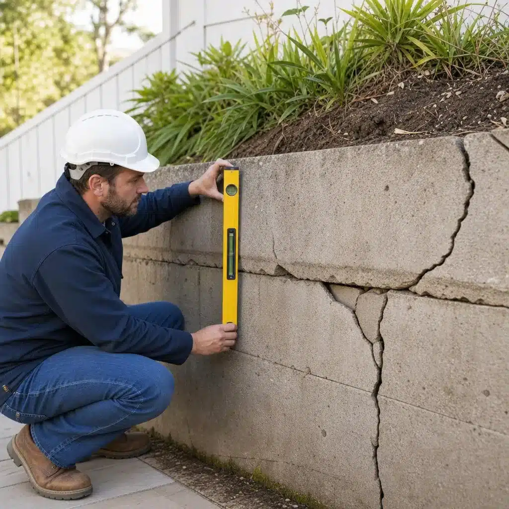 Expert examinant un mur de soutènement penché et fissuré dans un jardin