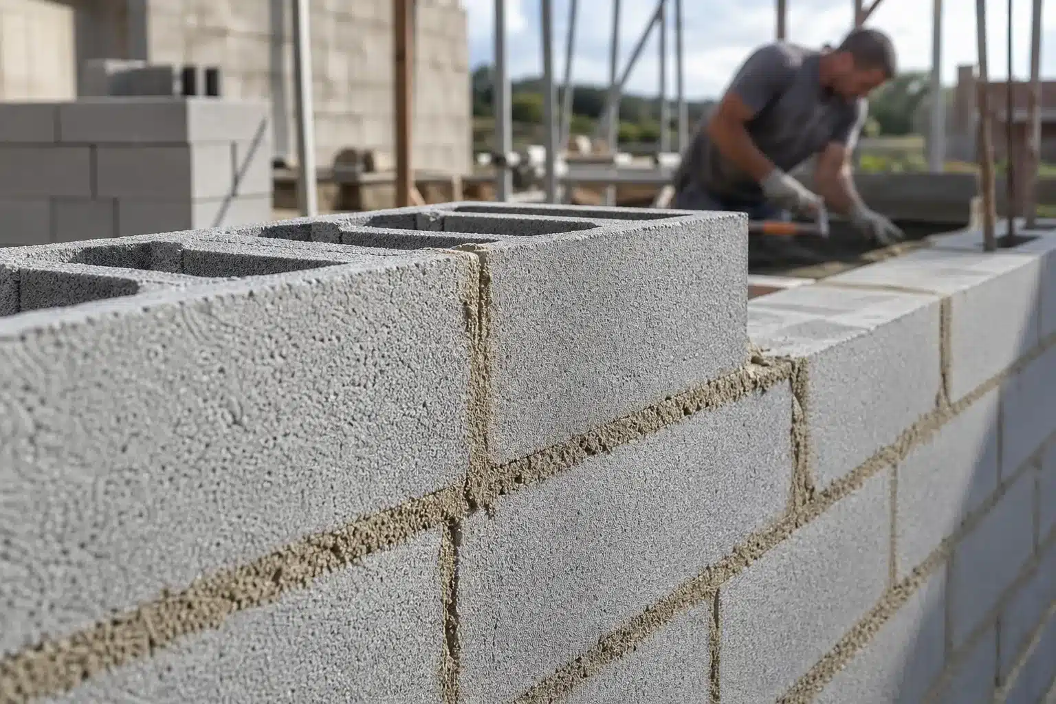 Mur de maison en construction monté en parpaings avec joints de mortier réguliers