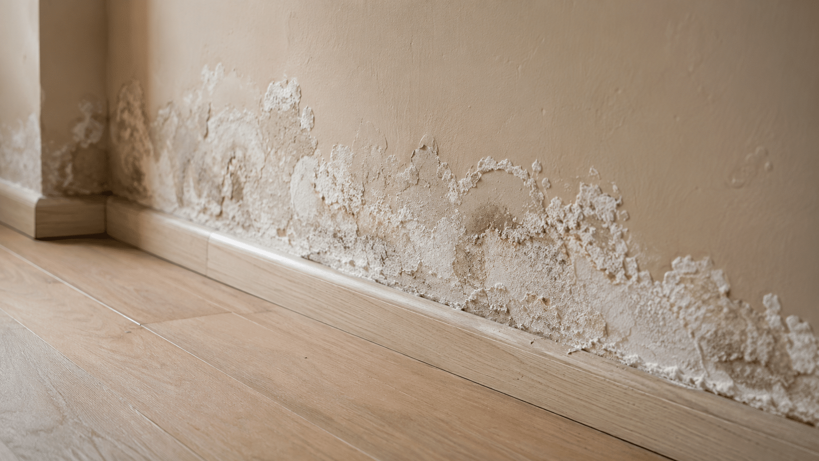 Bas de mur intérieur taché par l'humidité avec salpêtre et peinture cloquée.