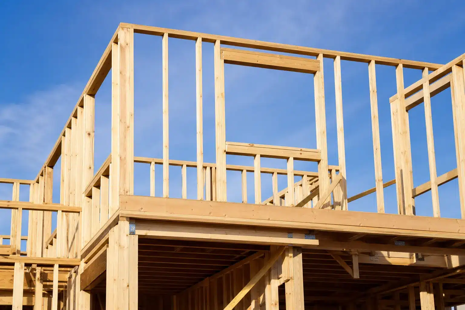Ossature bois formant la structure porteuse d'une maison en construction
