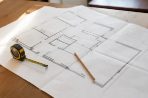 Plan d'un appartement neuf avec crayon et mètre pour des travaux modificatifs acquéreur en VEFA