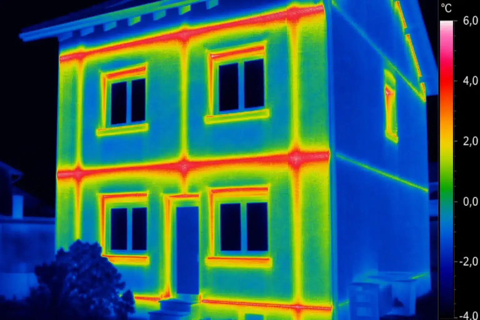 Image thermique d'une maison révélant les ponts thermiques