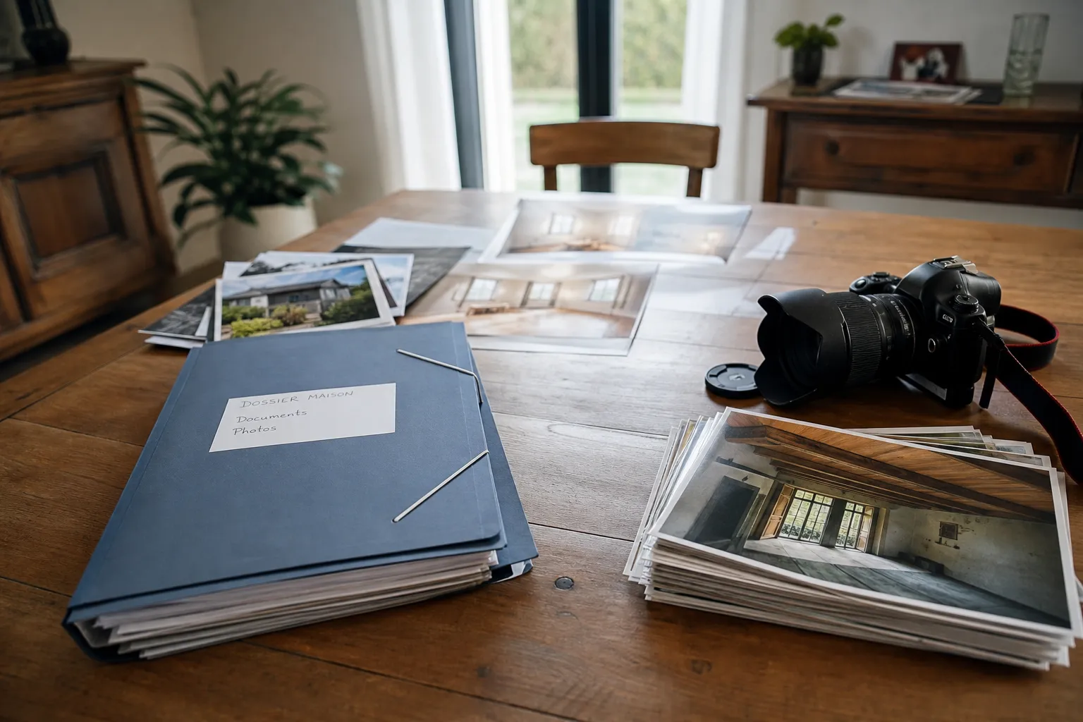 Dossier de documents et photos prepares pour la visite d'un expert en batiment
