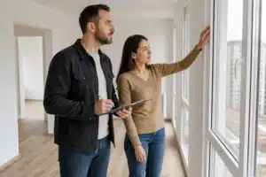 Acquéreurs inspectant un appartement neuf et notant leurs réserves le jour de la livraison VEFA