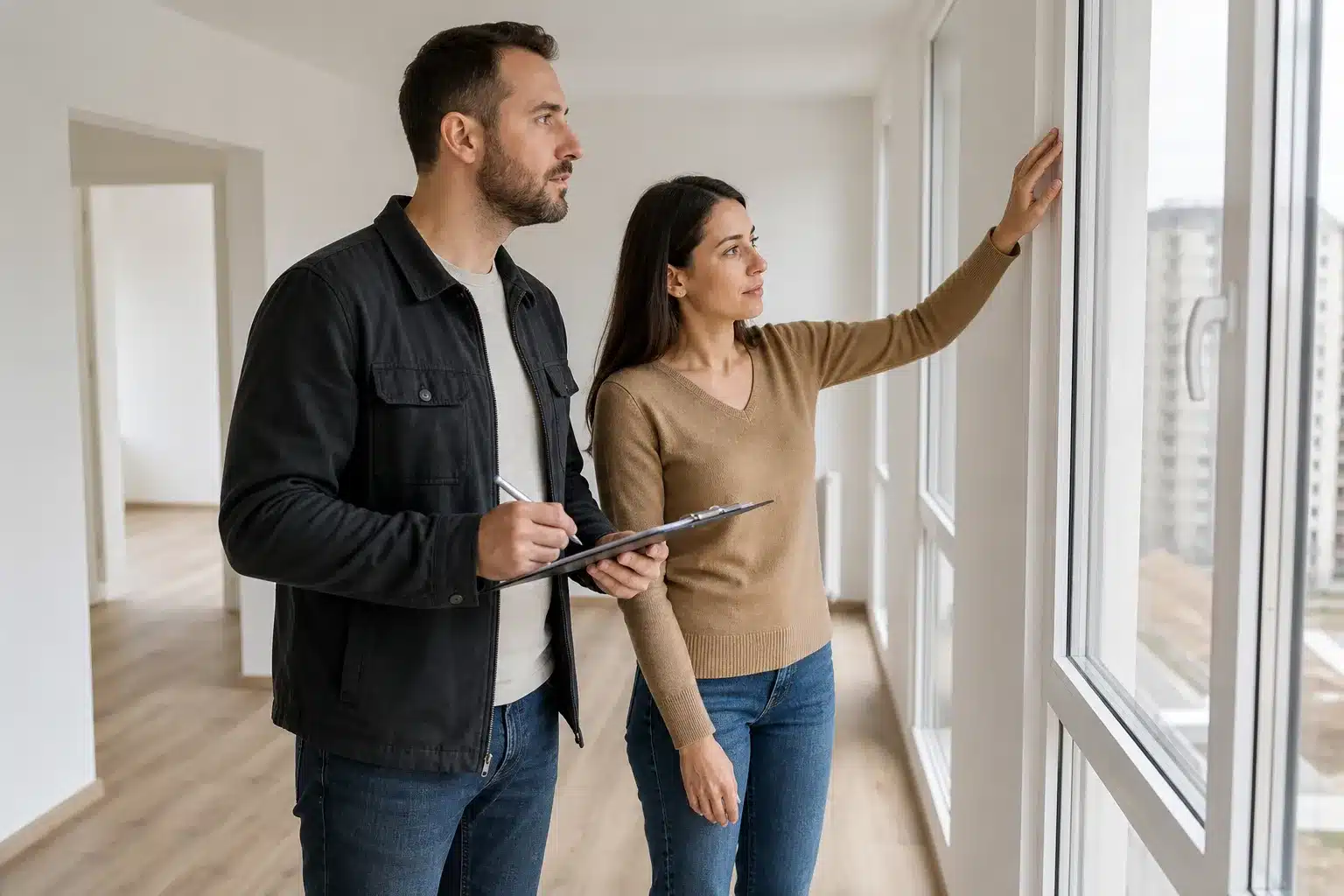 Acquéreurs inspectant un appartement neuf et notant leurs réserves le jour de la livraison VEFA