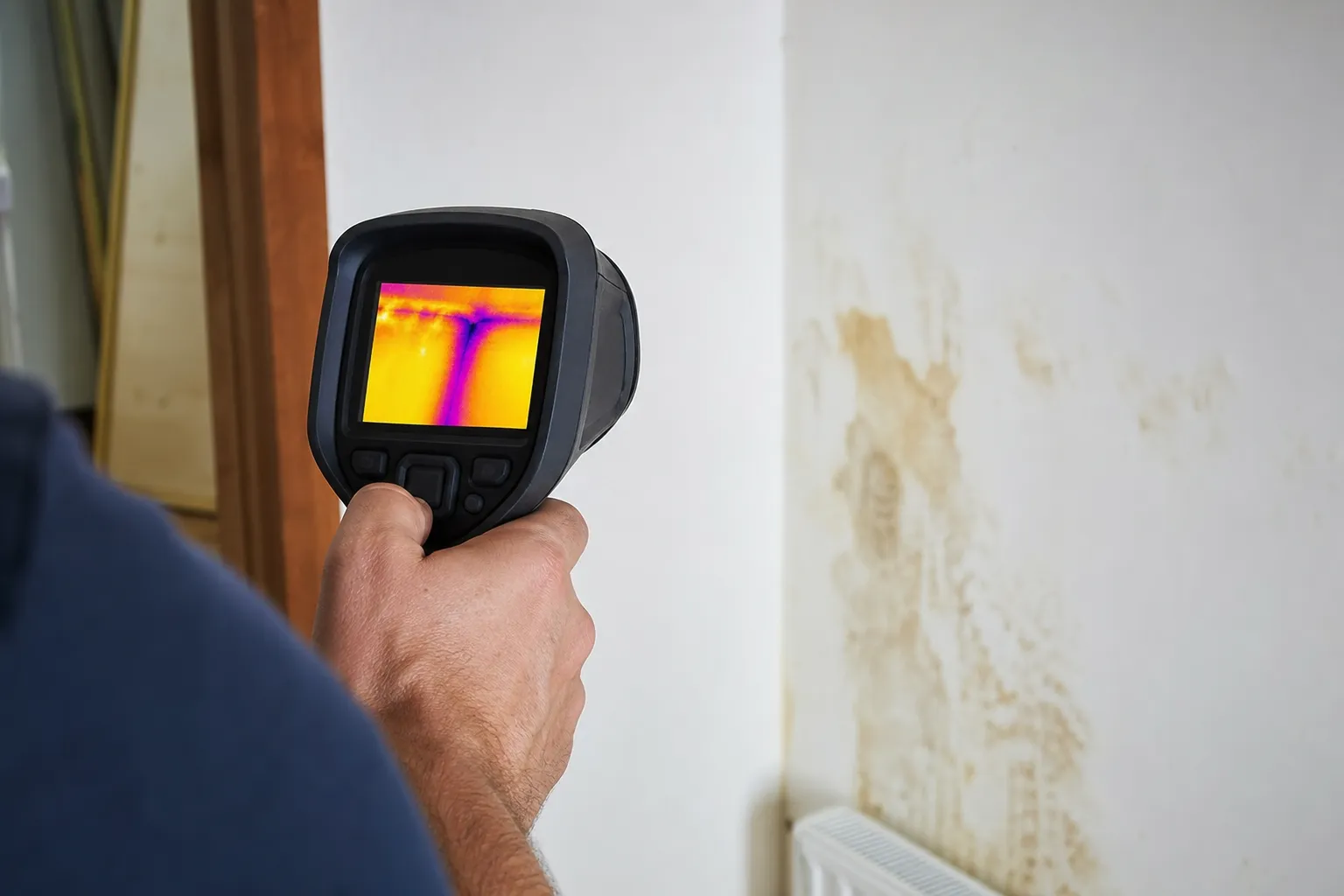 Technicien réalisant une recherche de fuite non destructive avec une caméra thermique
