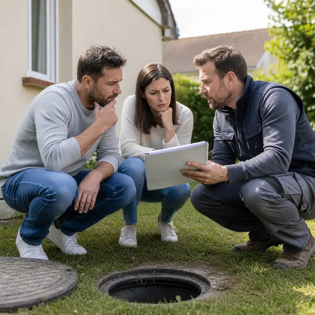 Expert en bâtiment conseillant des propriétaires sur leurs recours après la découverte d'un assainissement non conforme