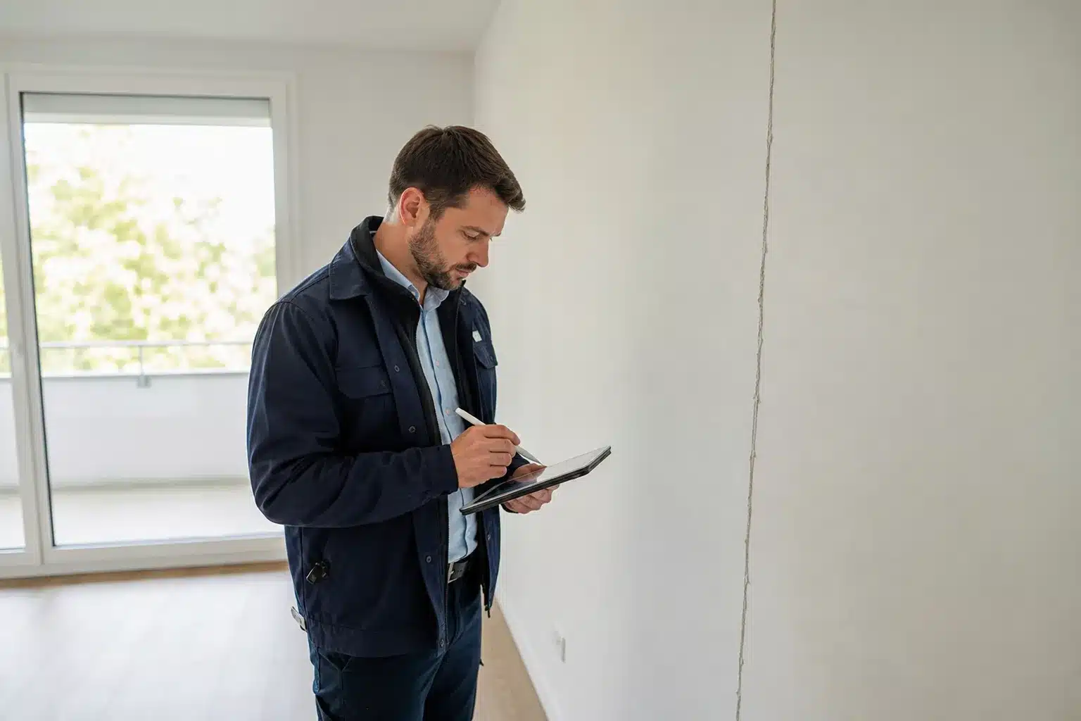 Expert bâtiment constatant une malfaçon dans un logement neuf en VEFA
