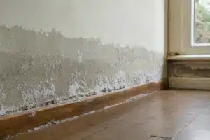 Bas d'un mur intérieur ancien marqué par des remontées capillaires avec salpêtre et peinture qui cloque