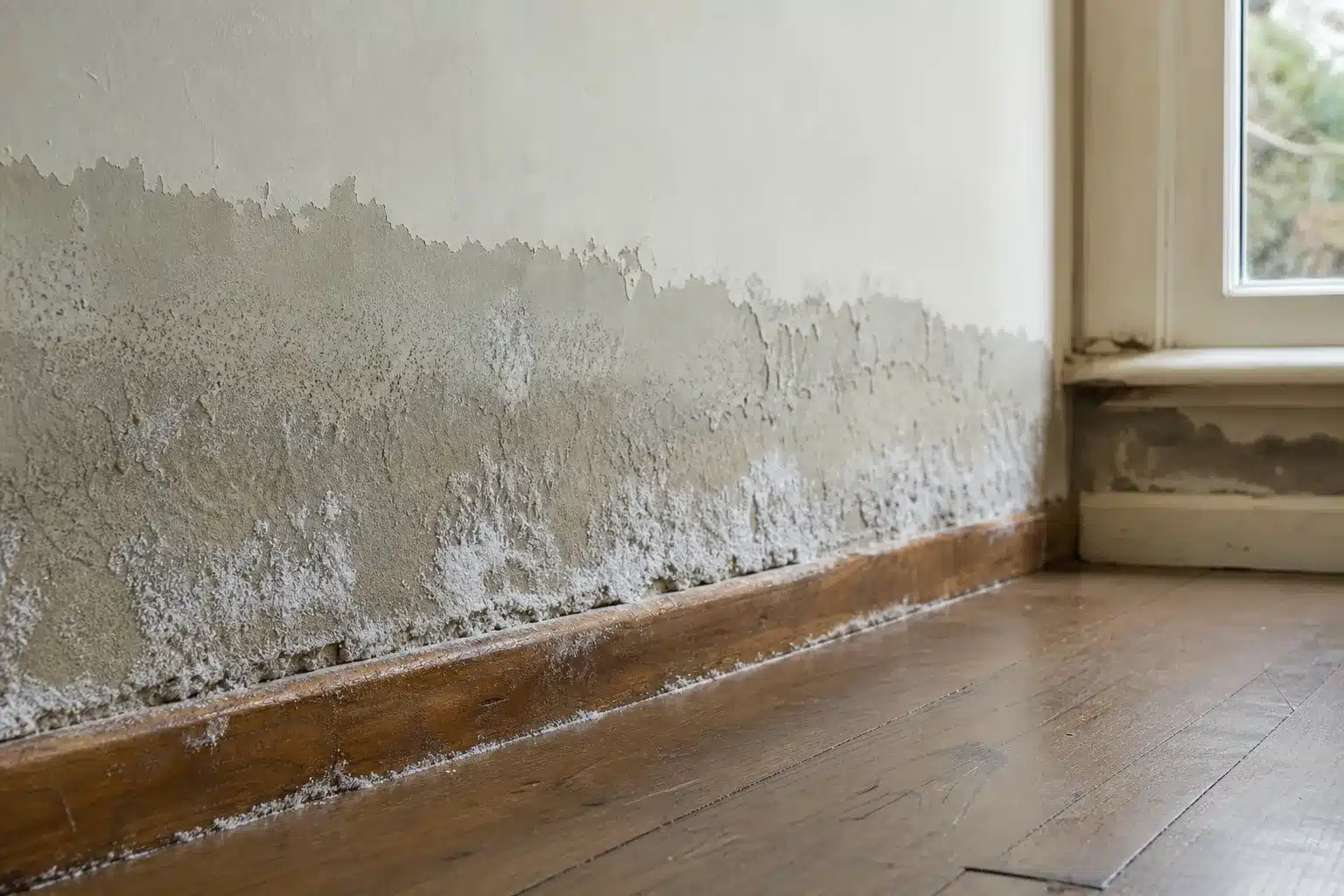 Bas d'un mur intérieur ancien marqué par des remontées capillaires avec salpêtre et peinture qui cloque
