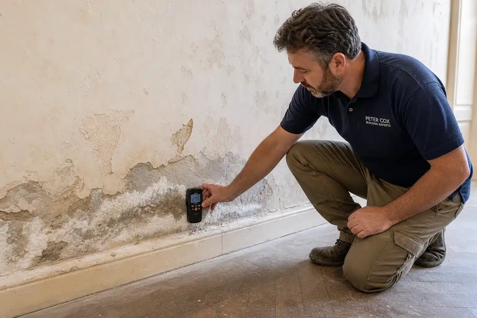 Expert bâtiment mesurant des remontées capillaires en bas d'un mur humide avec salpêtre