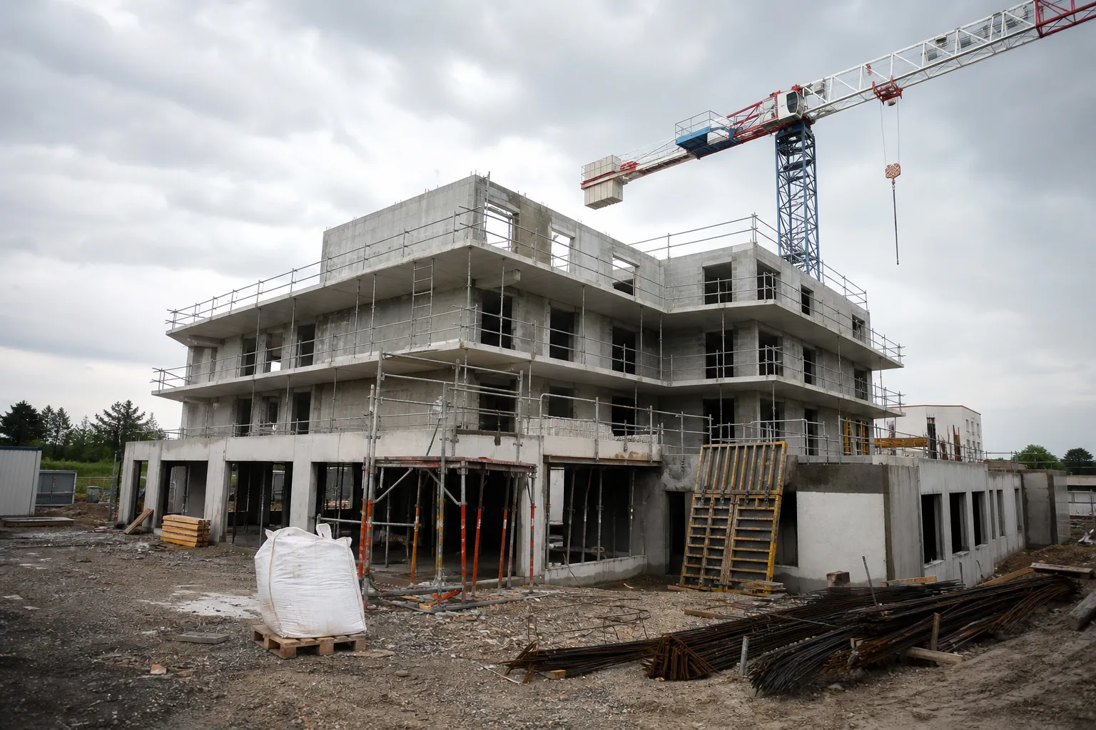 Retard livraison VEFA : chantier d'immeuble neuf en construction