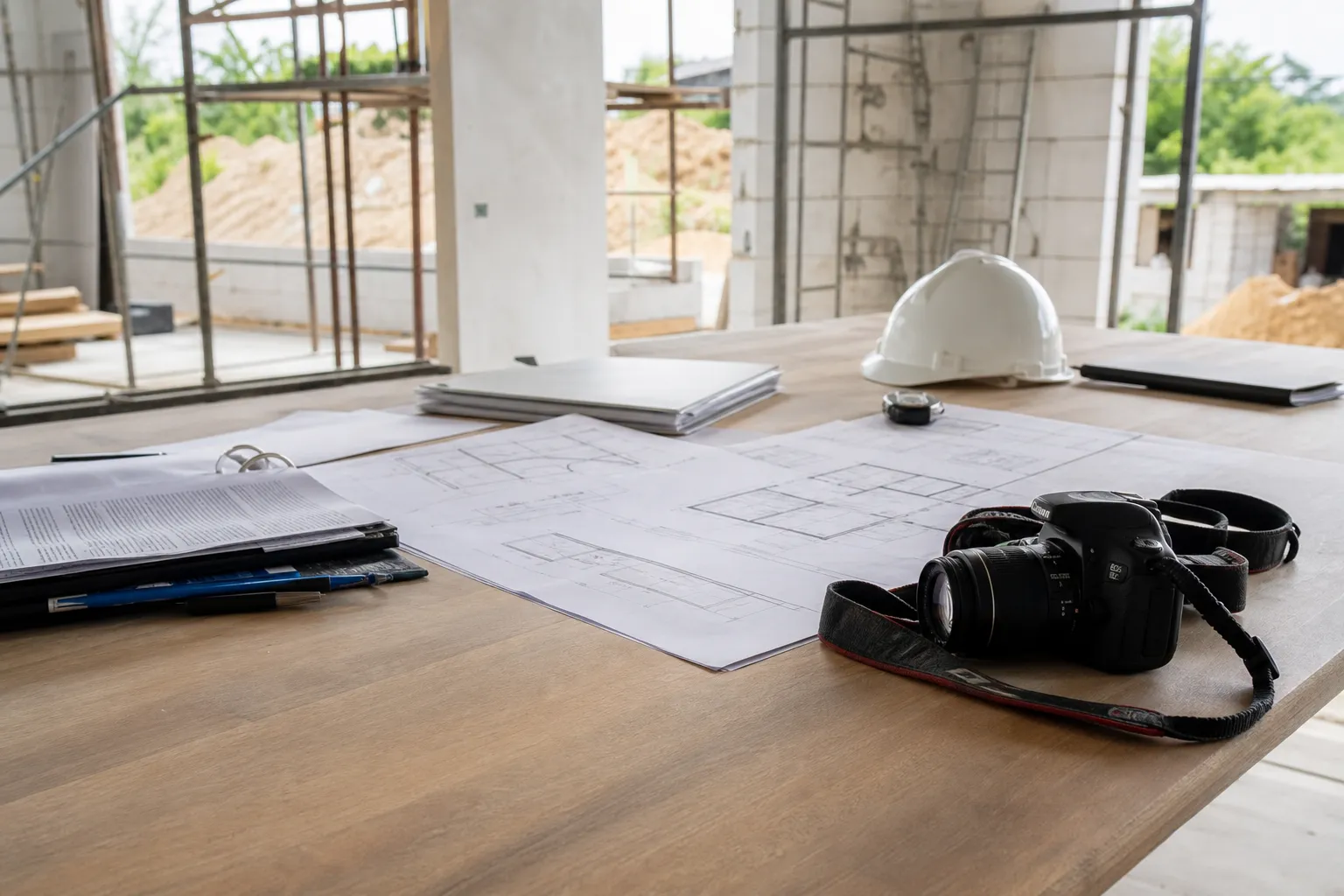 Documents techniques et appareil photo lors d'une reunion d'expertise amiable contradictoire sur site