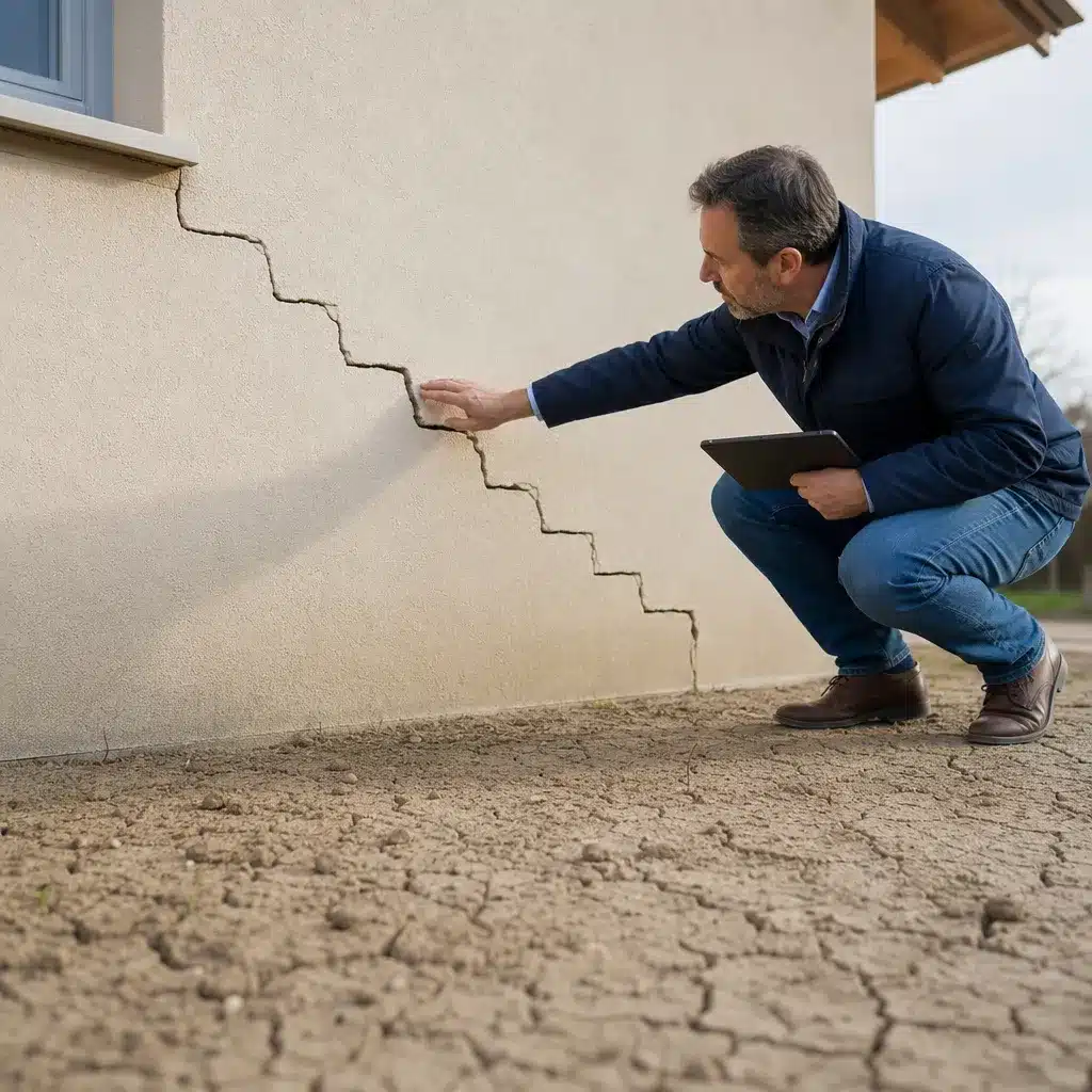Expert examinant une fissure de façade sur une maison construite sur sol argileux