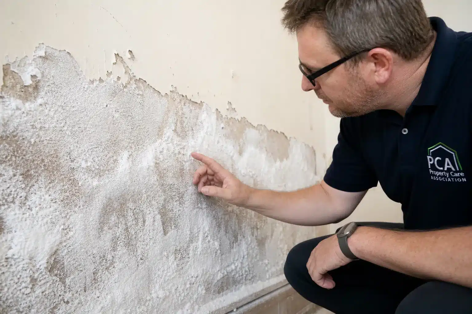 Dépôt de salpêtre blanchâtre sur un mur humide examiné par un expert bâtiment