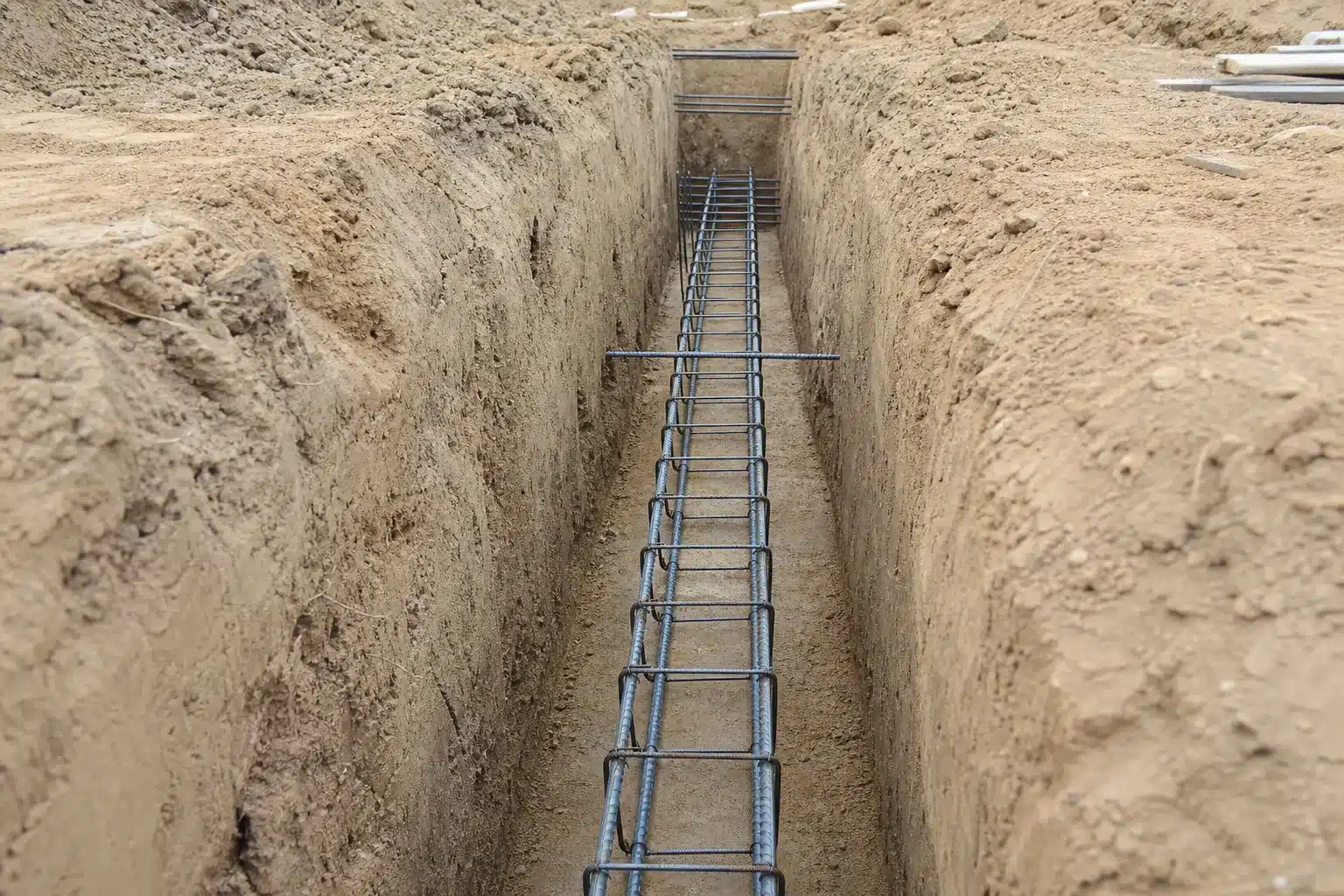 Semelle de fondation filante en beton arme avec ferraillage dans une tranchee de chantier