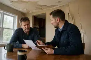 Propriétaire et expert en bâtiment examinant un dossier de sinistre dans une maison touchée par un dégât des eaux