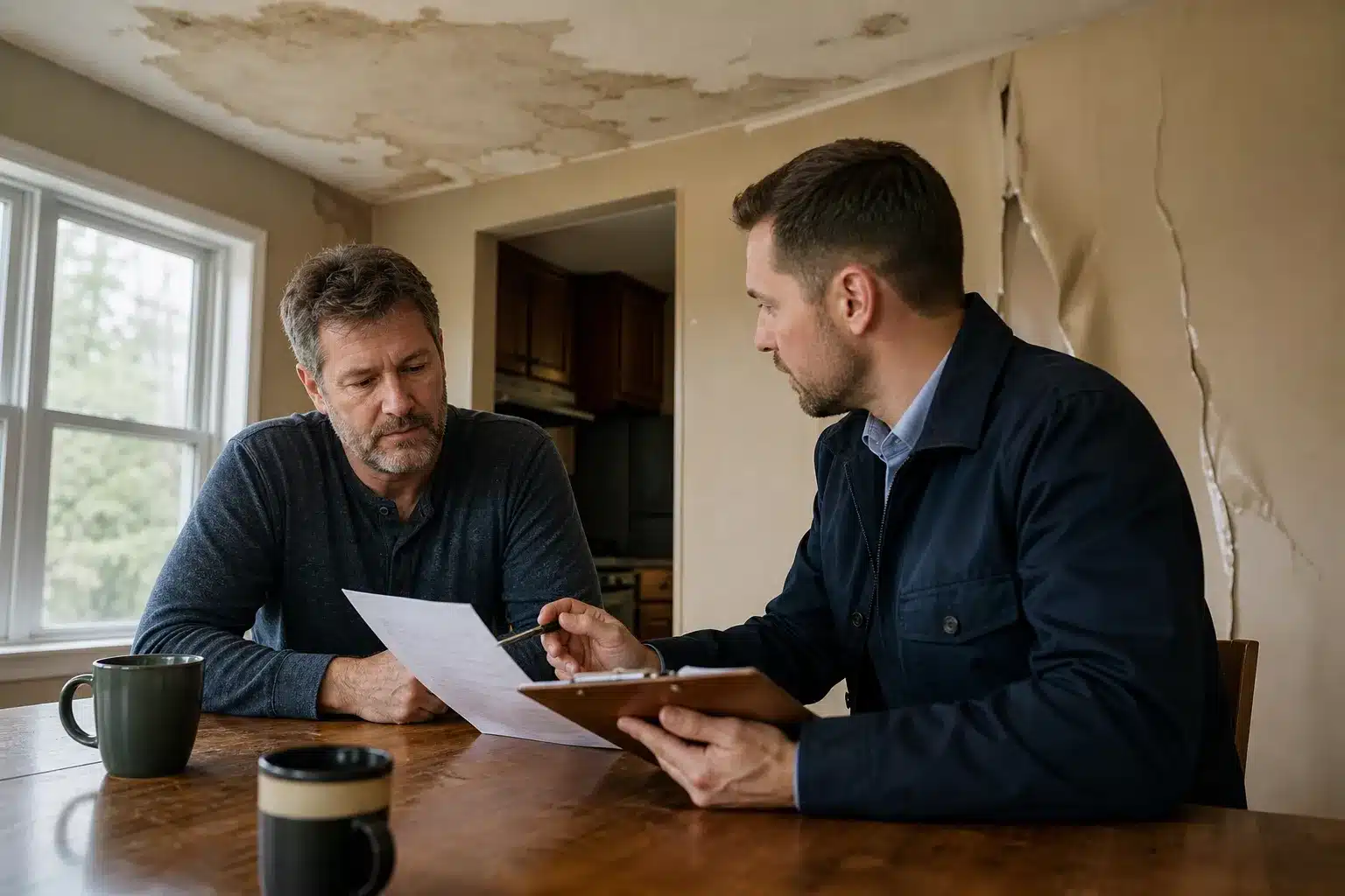Propriétaire et expert en bâtiment examinant un dossier de sinistre dans une maison touchée par un dégât des eaux