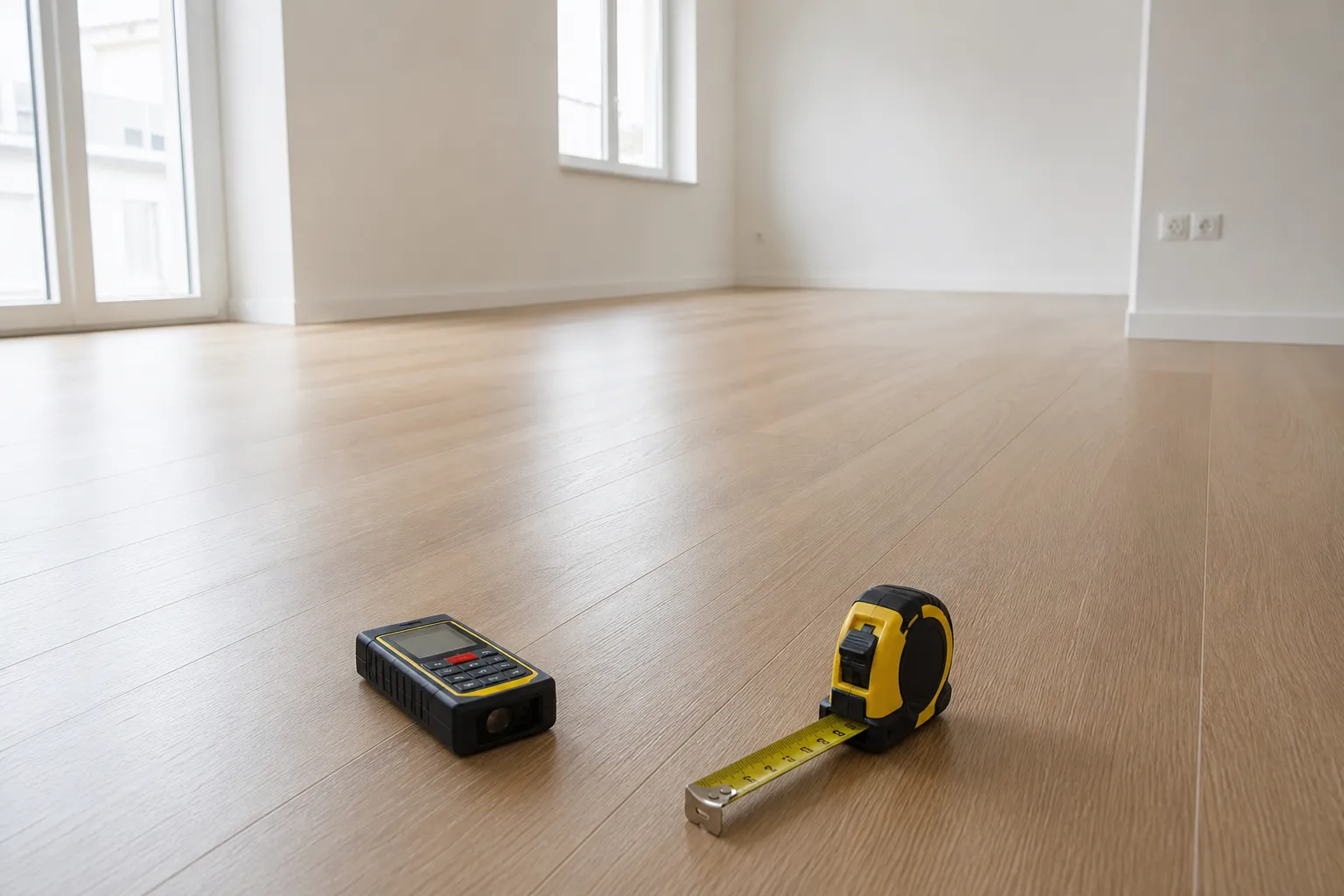 Surface inférieure VEFA : mètre laser mesurant un logement neuf