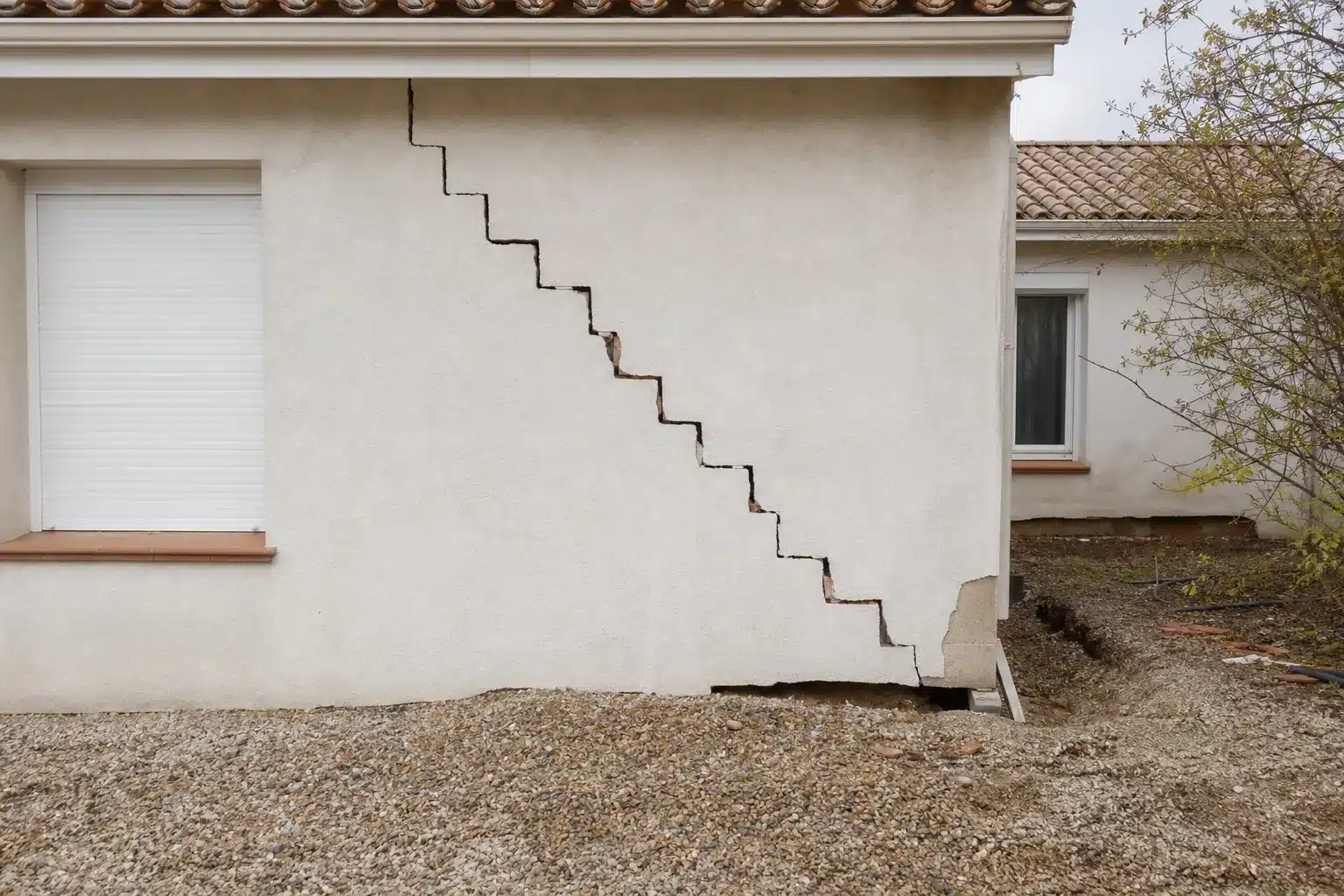 Fissure en escalier sur la facade d'une maison provoquee par un tassement de terrain
