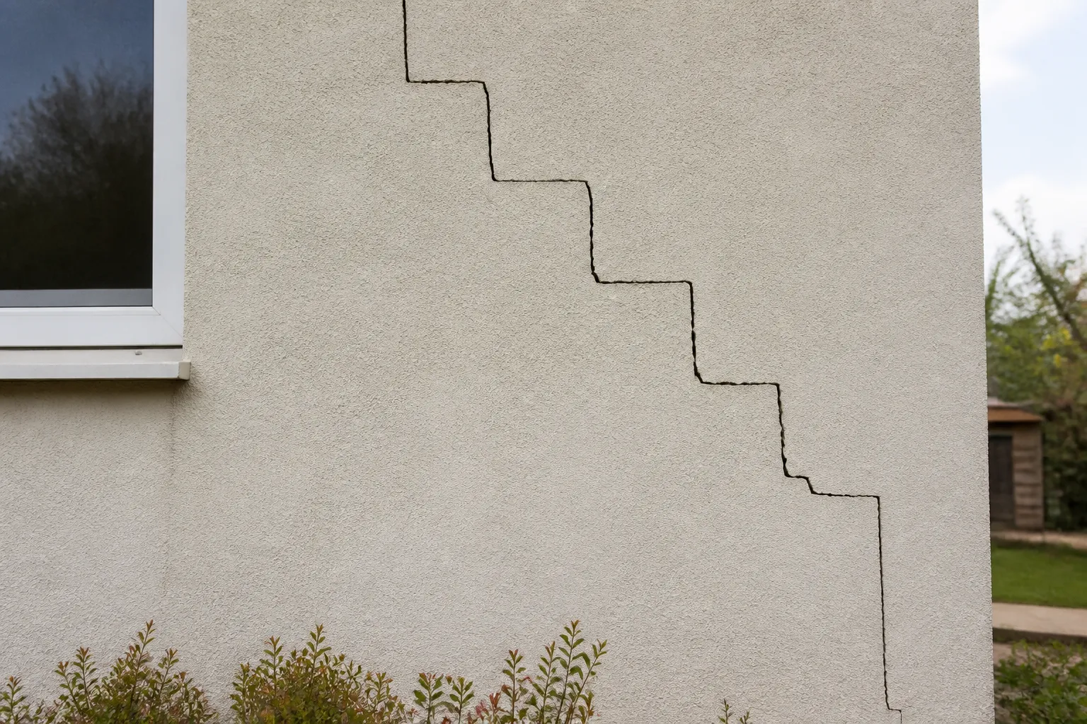 Tassement differentiel fondations — Fissure en escalier révélatrice d'un tassement différentiel