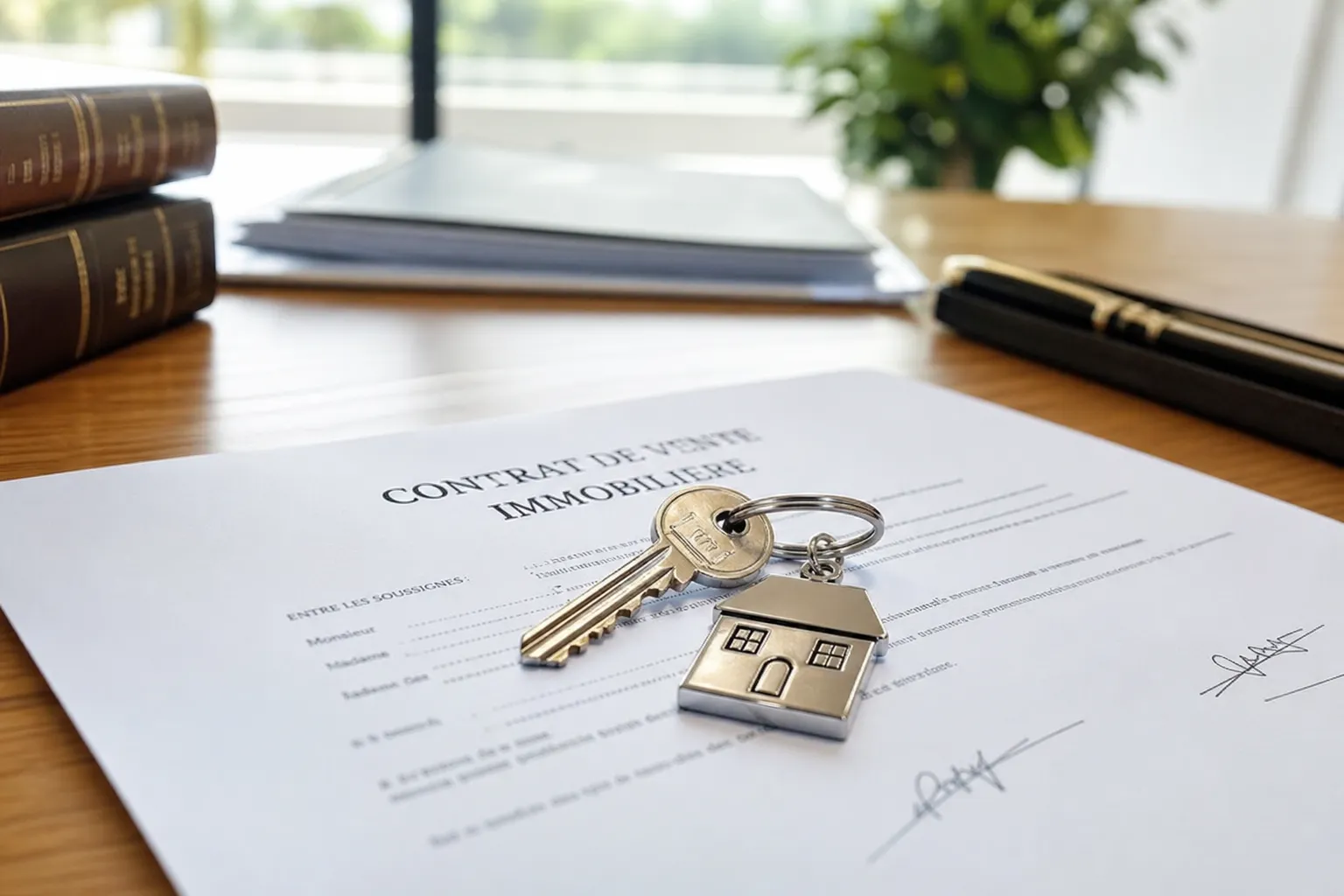 Cle de maison sur un contrat de vente illustrant un achat aupres d'un vendeur professionnel