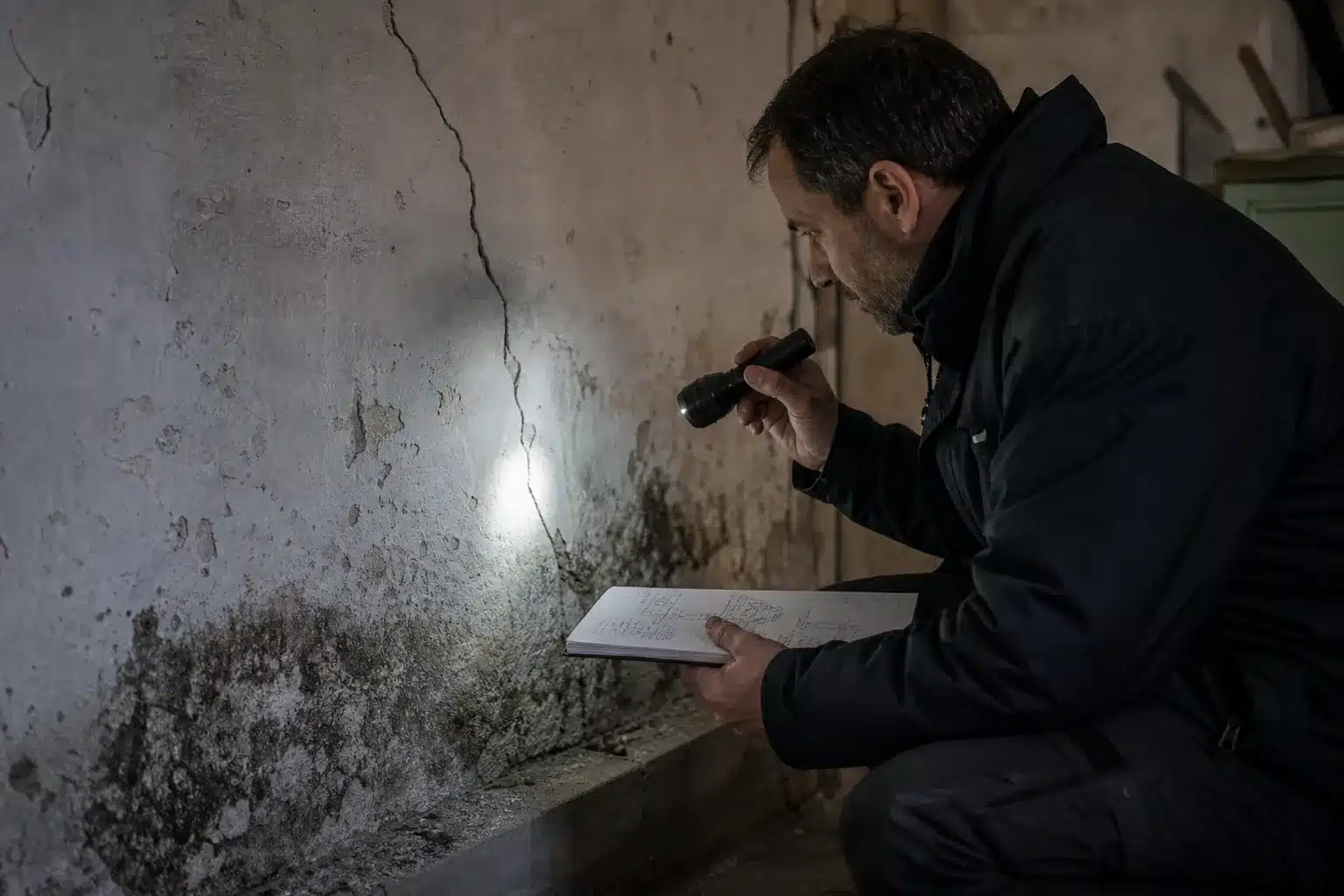 Expert bâtiment recherchant un vice caché dans une maison après achat
