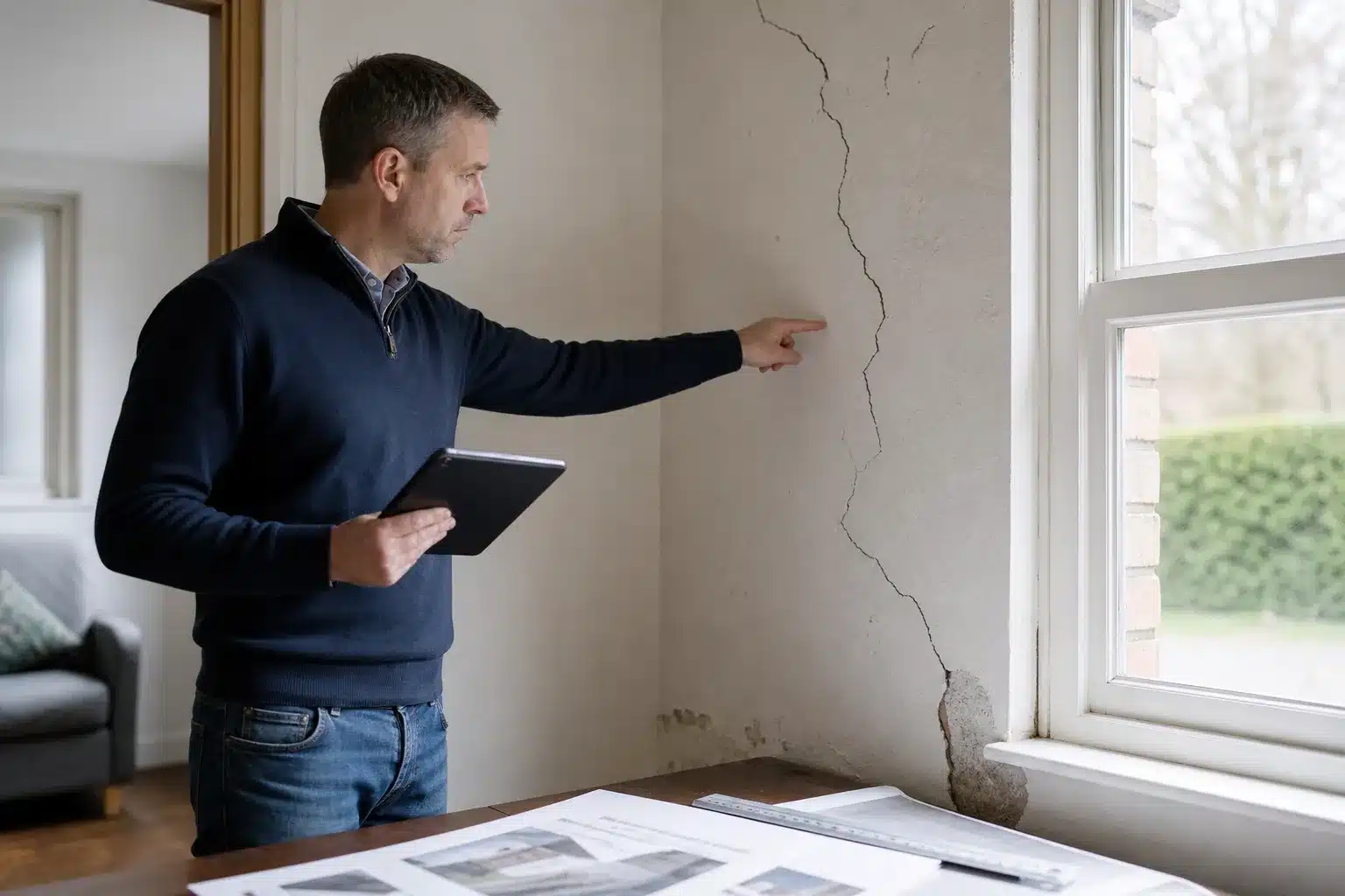 Propriétaire examinant une fissure sur un mur intérieur après l'achat de sa maison