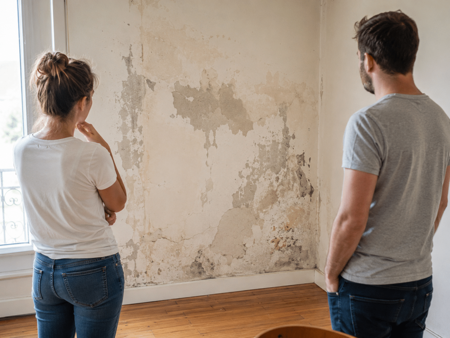 Acheteurs constatant un défaut caché sur le mur de leur maison après l'achat