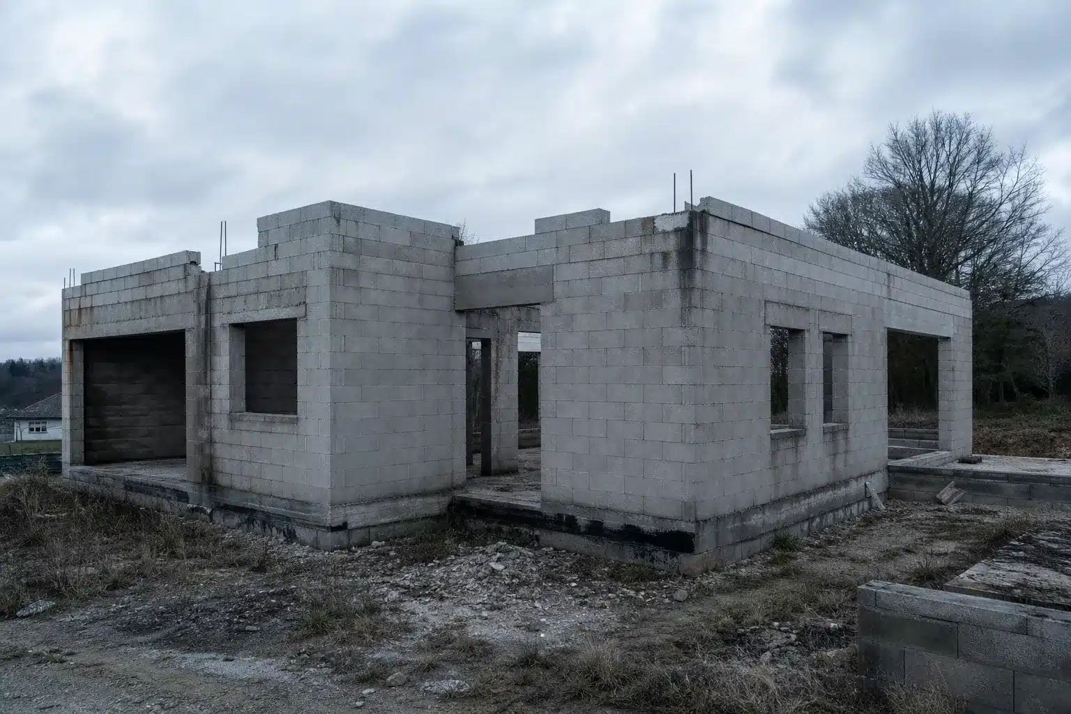 Chantier de maison individuelle abandonné et inachevé illustrant l'abandon de chantier et la mise en jeu de la garantie de livraison en CCMI